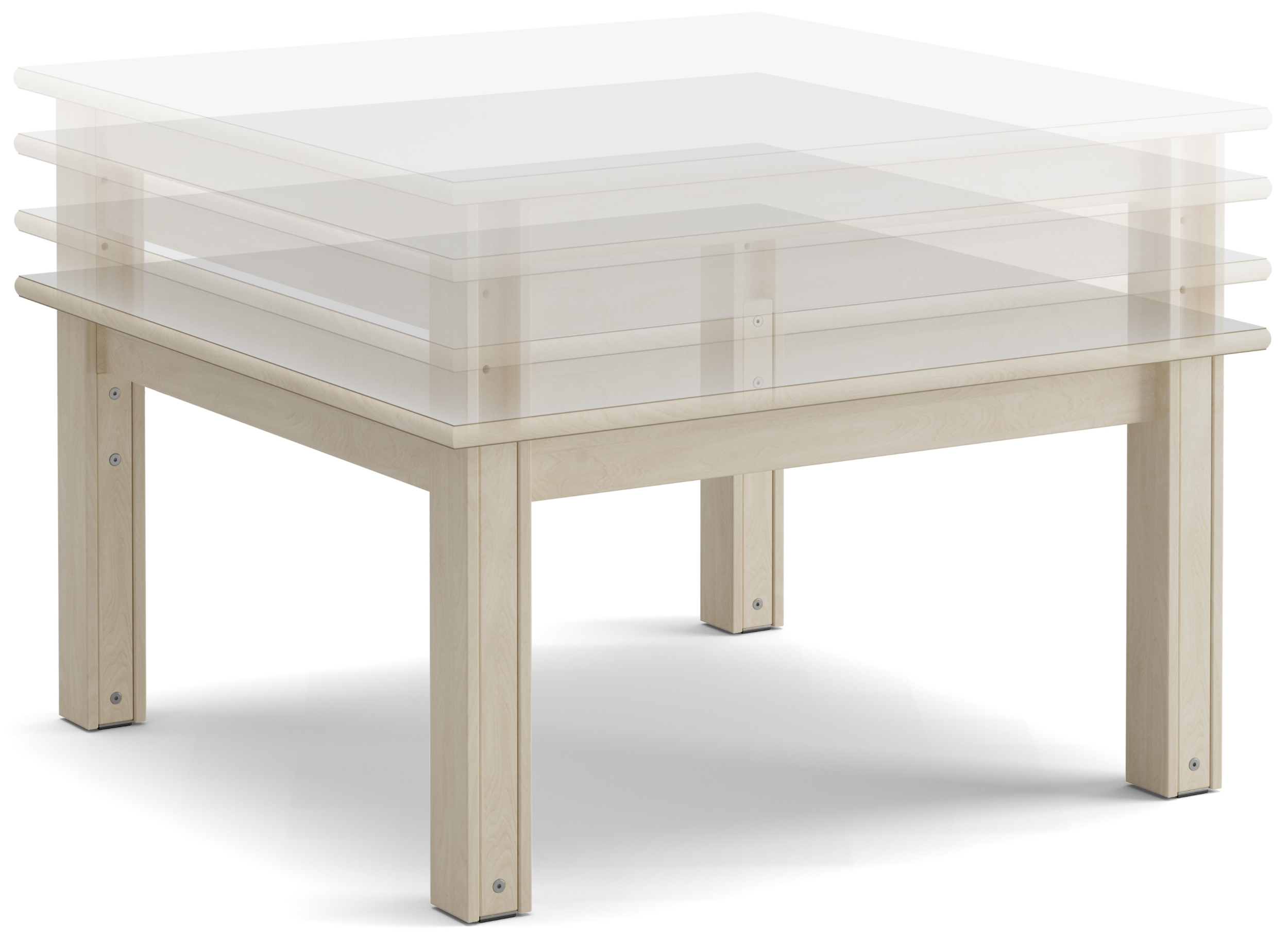 Quadratischer, niedriger Holztisch aus hellem Holz mit schematischer Darstellung der Höhenverstellbarkeit der Tischbeine