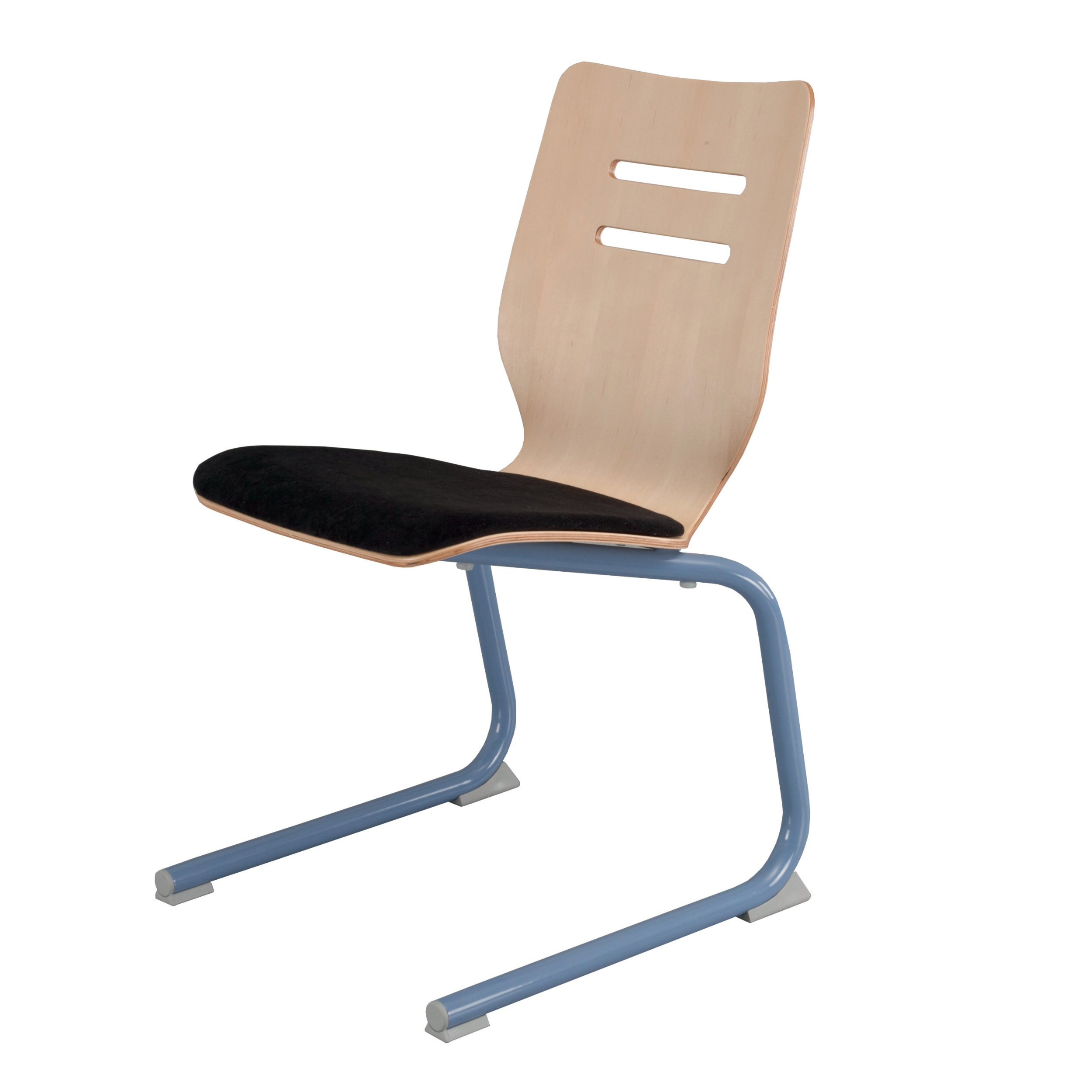 Schulstuhl mit blauem Metallgestell in Kufenform und Sitzschale in hellem Holz (Birke) mit dunkelgrauem Sitzpolster