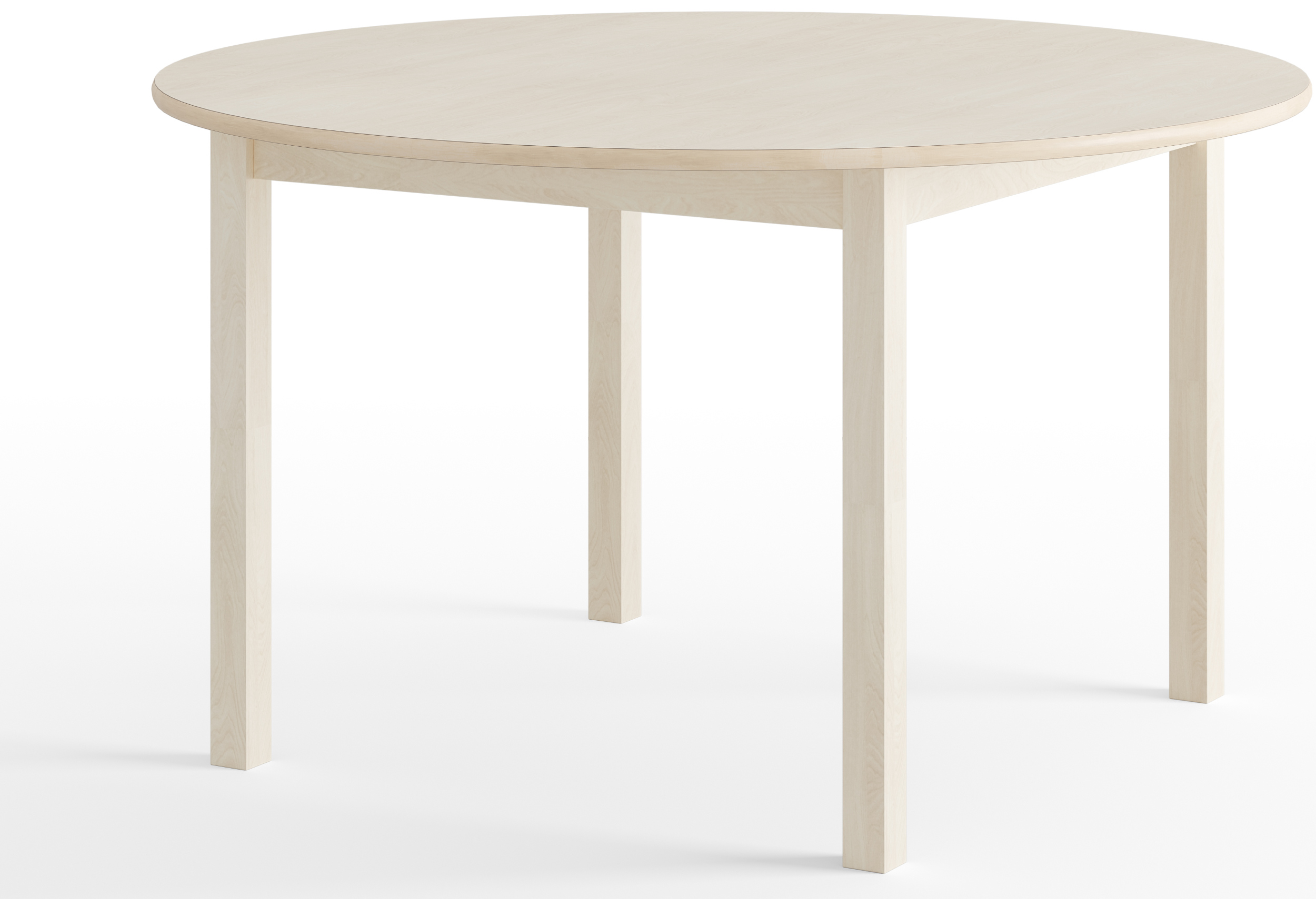 Runder Holztisch aus hellem Holz mit vier Tischbeinen