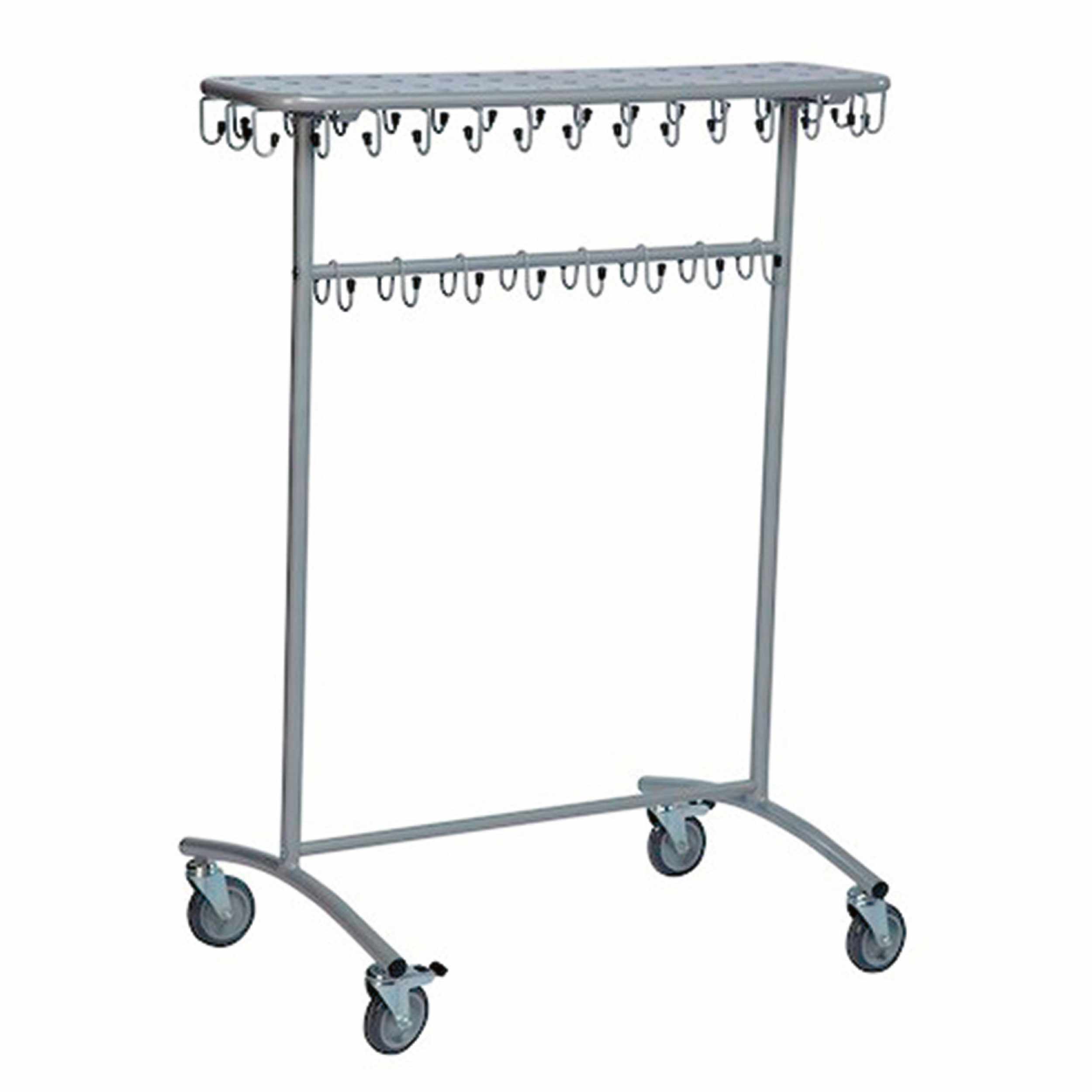 Garderobenwagen aus Metall auf vier Rollen mit zwei Hakenreihen und Ablagefläche oben