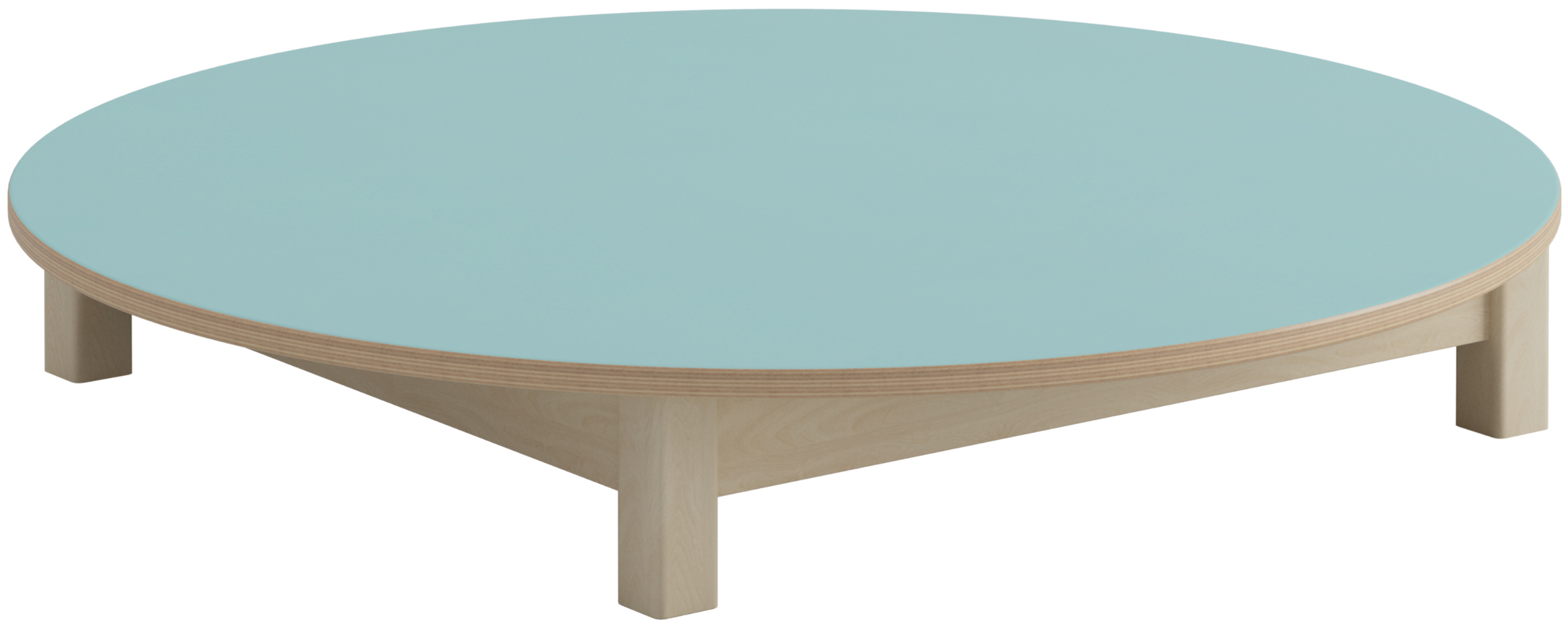 Runder, niedriger Holztisch aus hellem Holz mit blauer Tischplatte