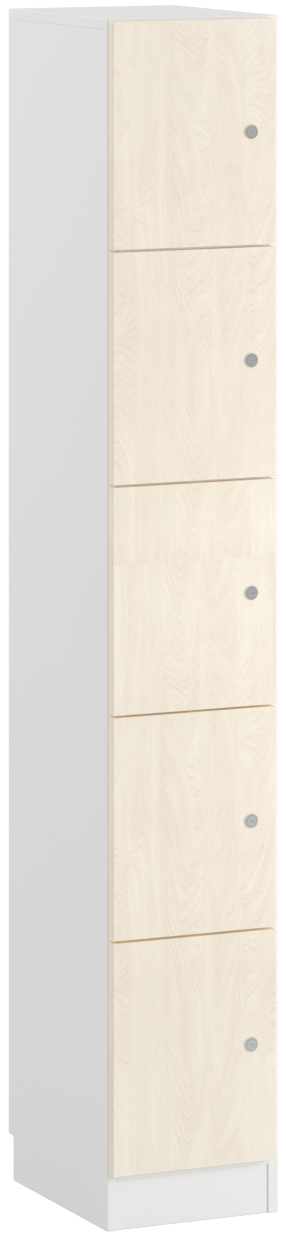Schmaler Spindschrank mit fünf abschließbaren Spindfächern, Korpus aus weißem Holz, Fronten aus Birke