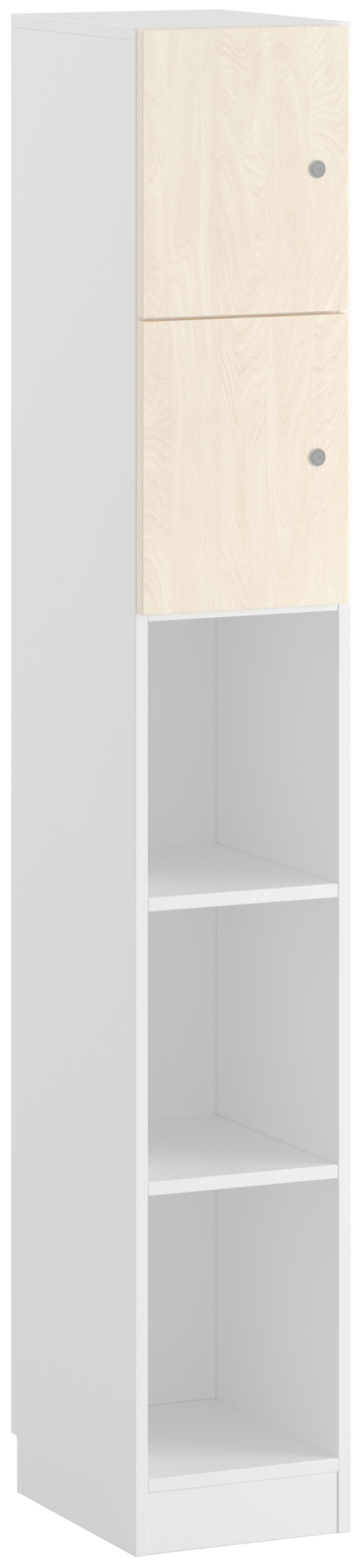 Schmaler Spindschrank mit zwei abschließbaren Spindfächern, drei offenen Fächern, Korpus aus weißem Holz, Fronten aus Birke