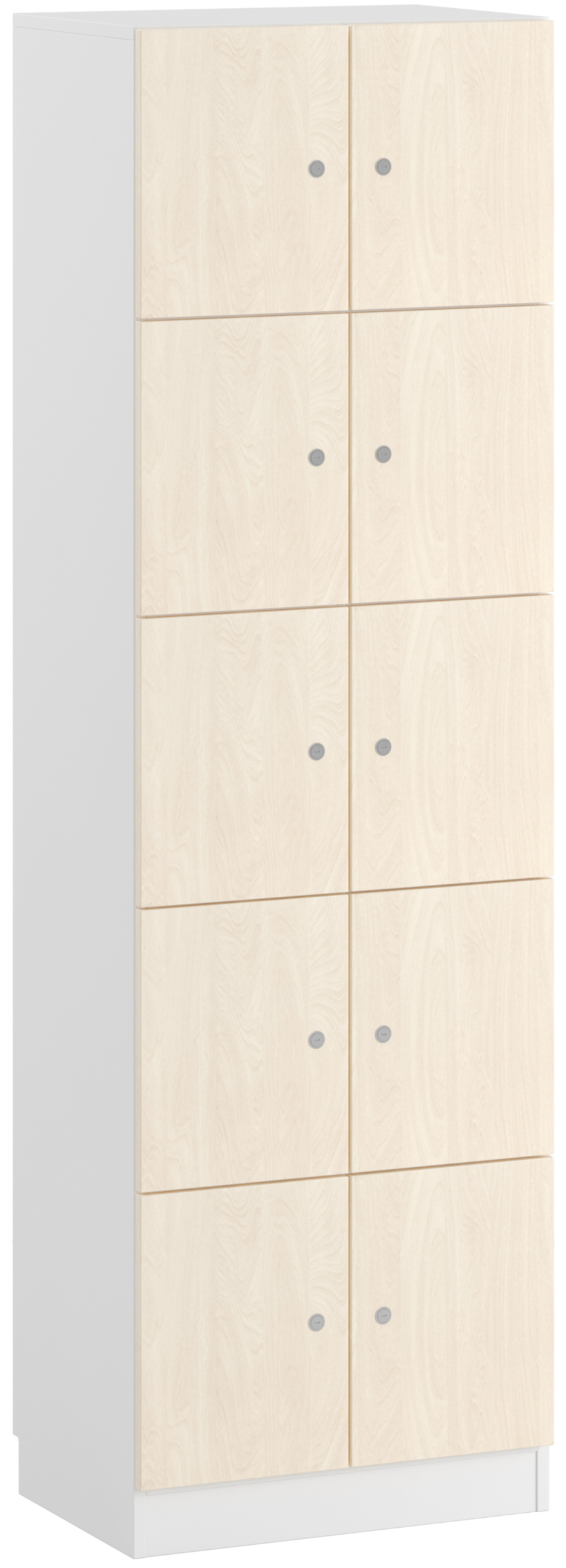 Breiter Spindschrank mit zehn abschließbaren Spindfächern, Korpus aus weißem Holz, Fronten aus Birke
