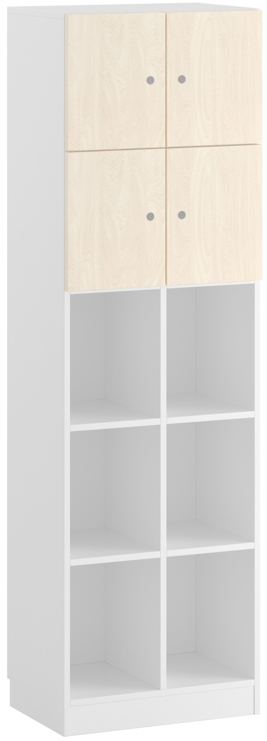 Breiter Spindschrank mit vier abschließbaren Fächern, sechs offenen Fächern, Korpus aus weißem Holz, Fronten aus Birke