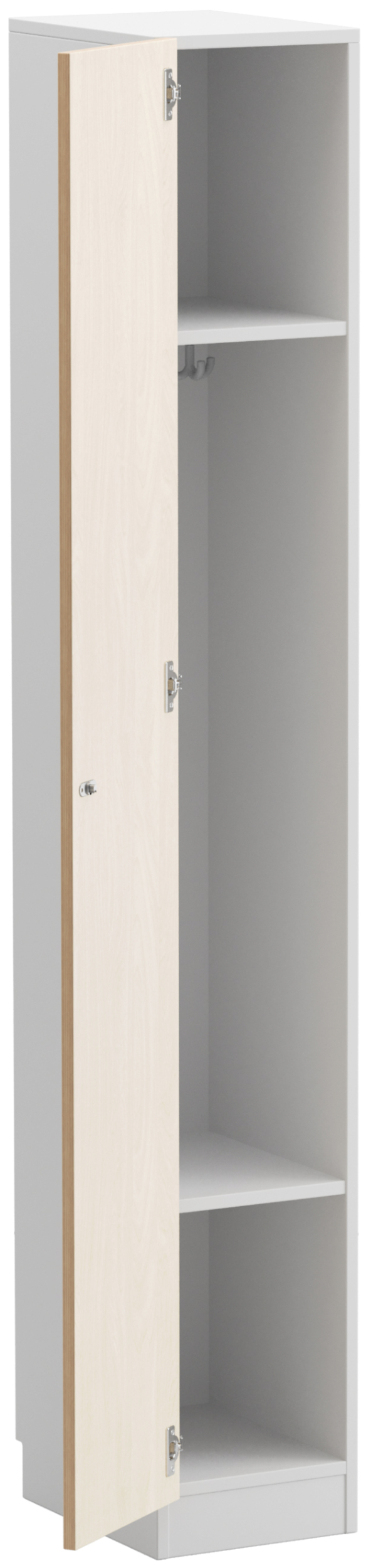 Schmaler Garderobenschrank mit abschließbarer Tür, Korpus aus weißem Holz, Front aus Birke