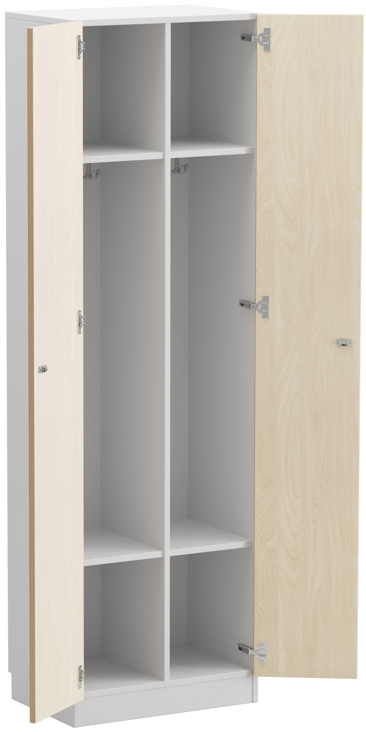 Breiter Garderobenschrank mit abschließbaren Türen, Korpus aus weißem Holz, Fronten aus Birke