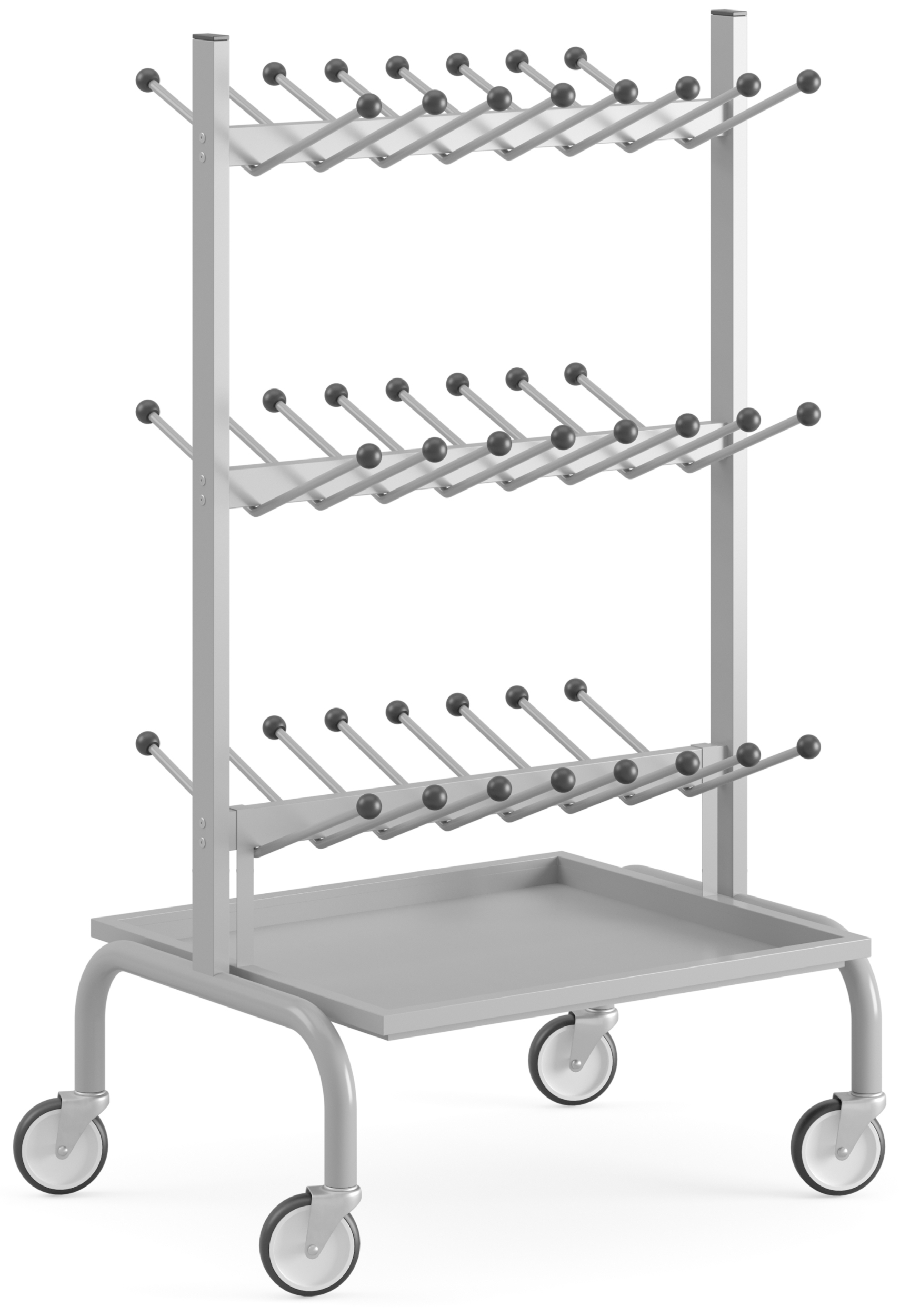 Schuhwagen aus Metall auf vier Rollen mit drei Halterreihen und Metallwanne unten