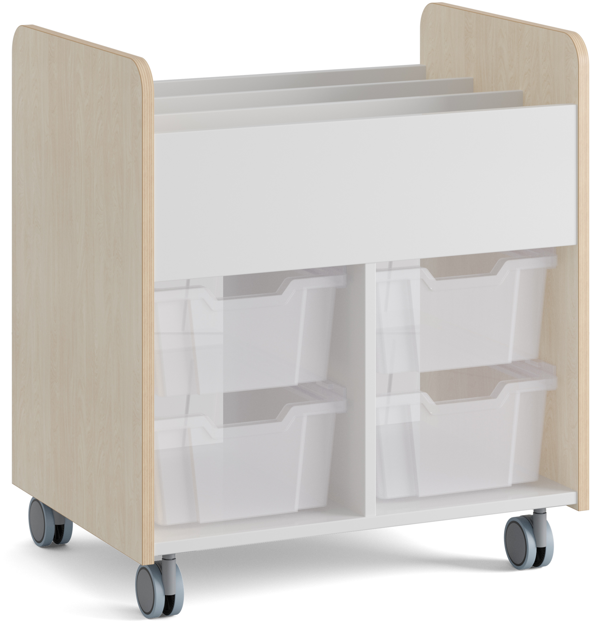 Kleiner Bücherwagen auf vier Rollen mit drei breiten Bücherfächern oben und vier weißen Kunststoffboxen unten, Seiten in Birke, Fächer in weiß