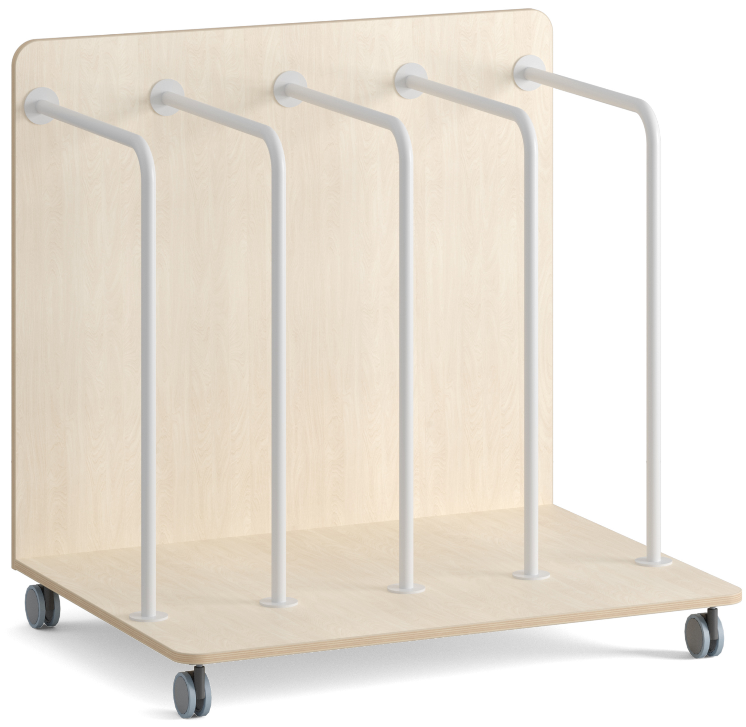 Rollwagen zum Transport von vier Kinderbetten, auf vier Rollen mit Holzrückwand, vorne und seitlich offen mit vier weißen Metallbügeln für die Betten 