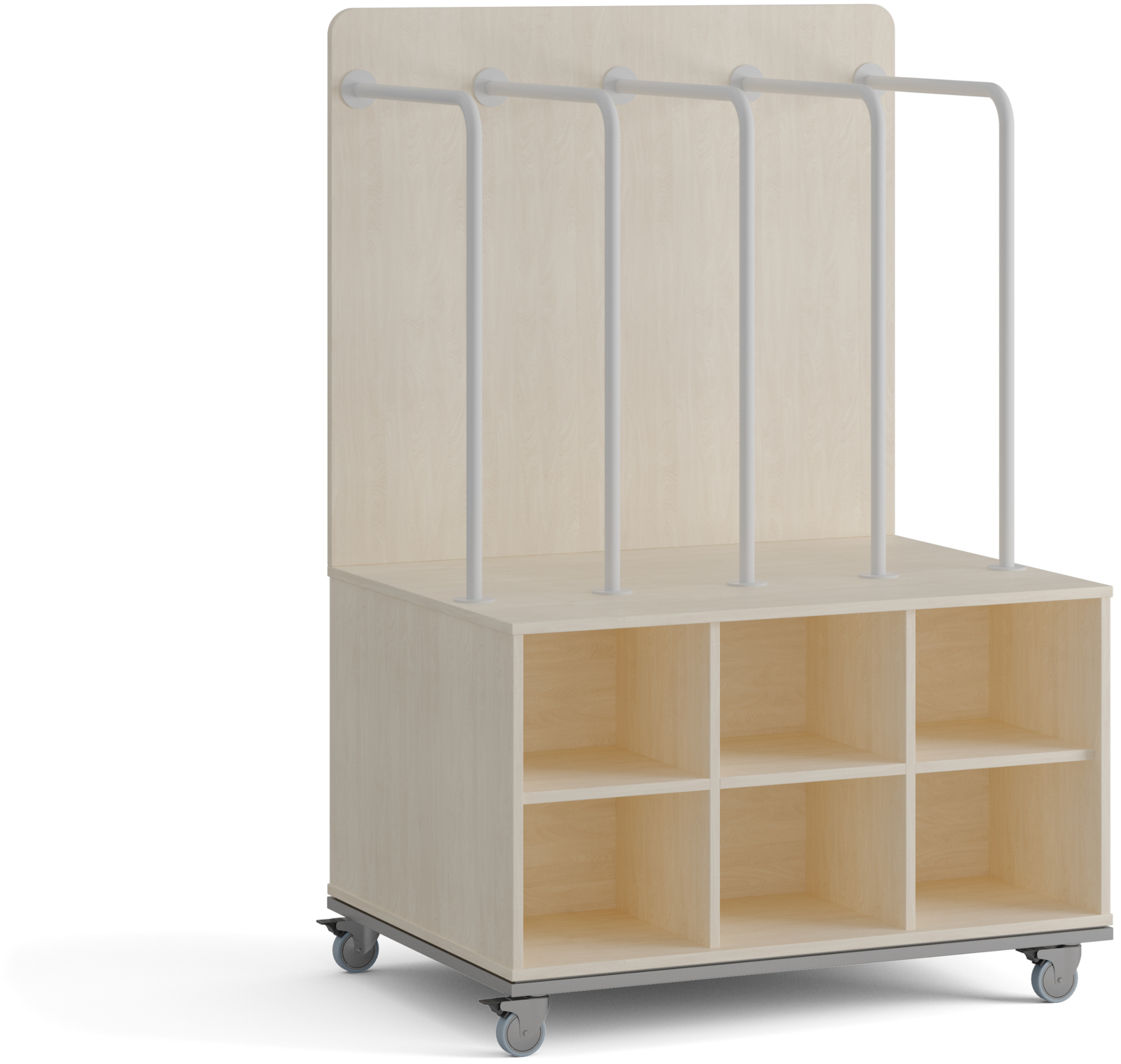 Rollwagen zum Transport von vier Kinderbetten, auf vier Rollen mit heller Holzrückwand und sechs Holzfächern vorne für Bettzeug, mit vier weißen Metallbügeln für die Betten 