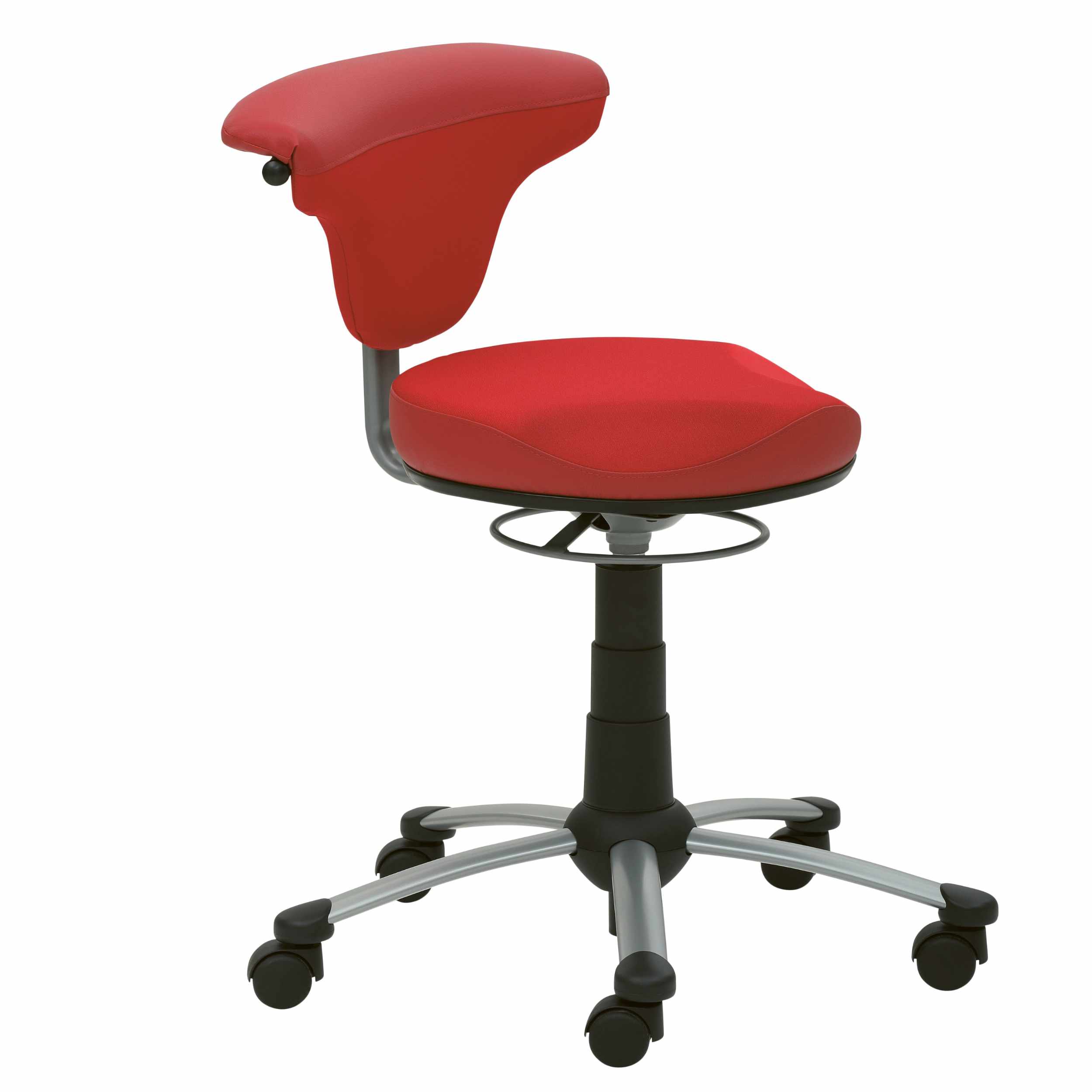 Höhenverstellbarer Drehstuhl mit fünf Füßen auf Rollen mit schwarz-silbernem Drehkreuz, und mit rotem, runden Sitzpolster und roter, dreieckiger Rückenlehne