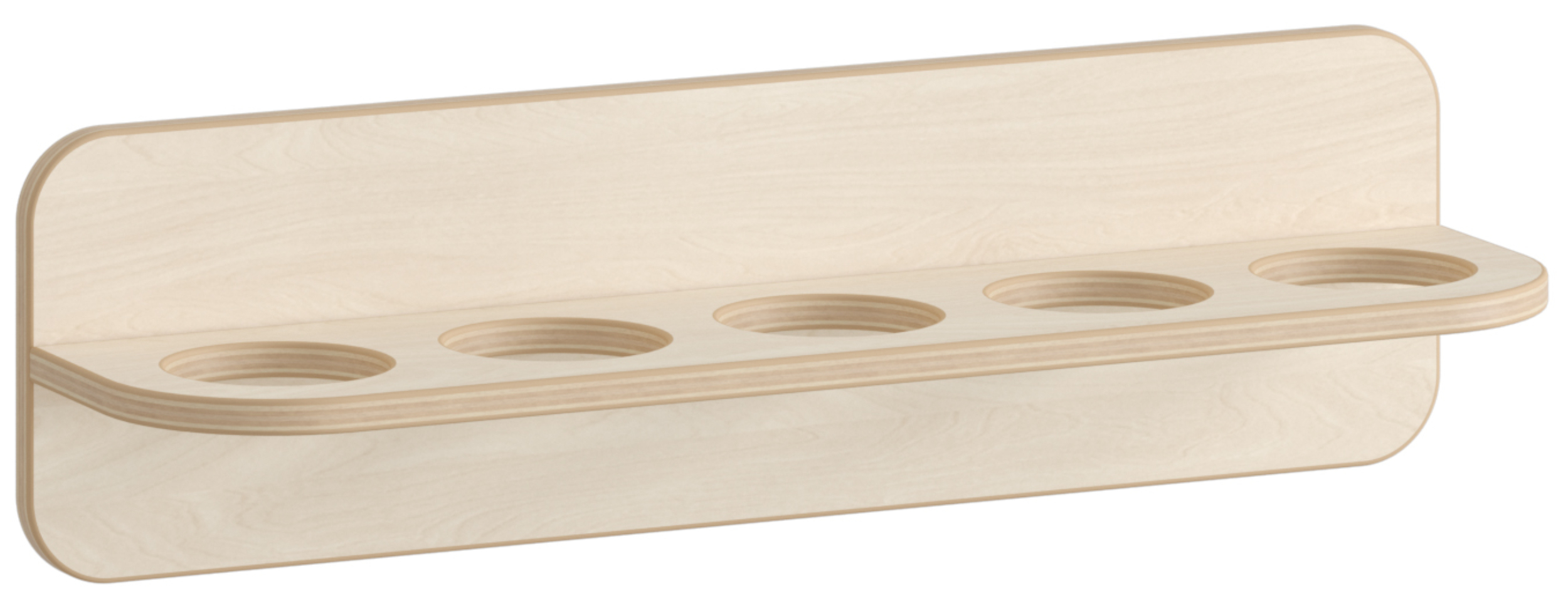 Zahnputzleiste zur Wandmontage aus Holz mit fünf kreisförmigen Aussparungen für Zahnputzbecher