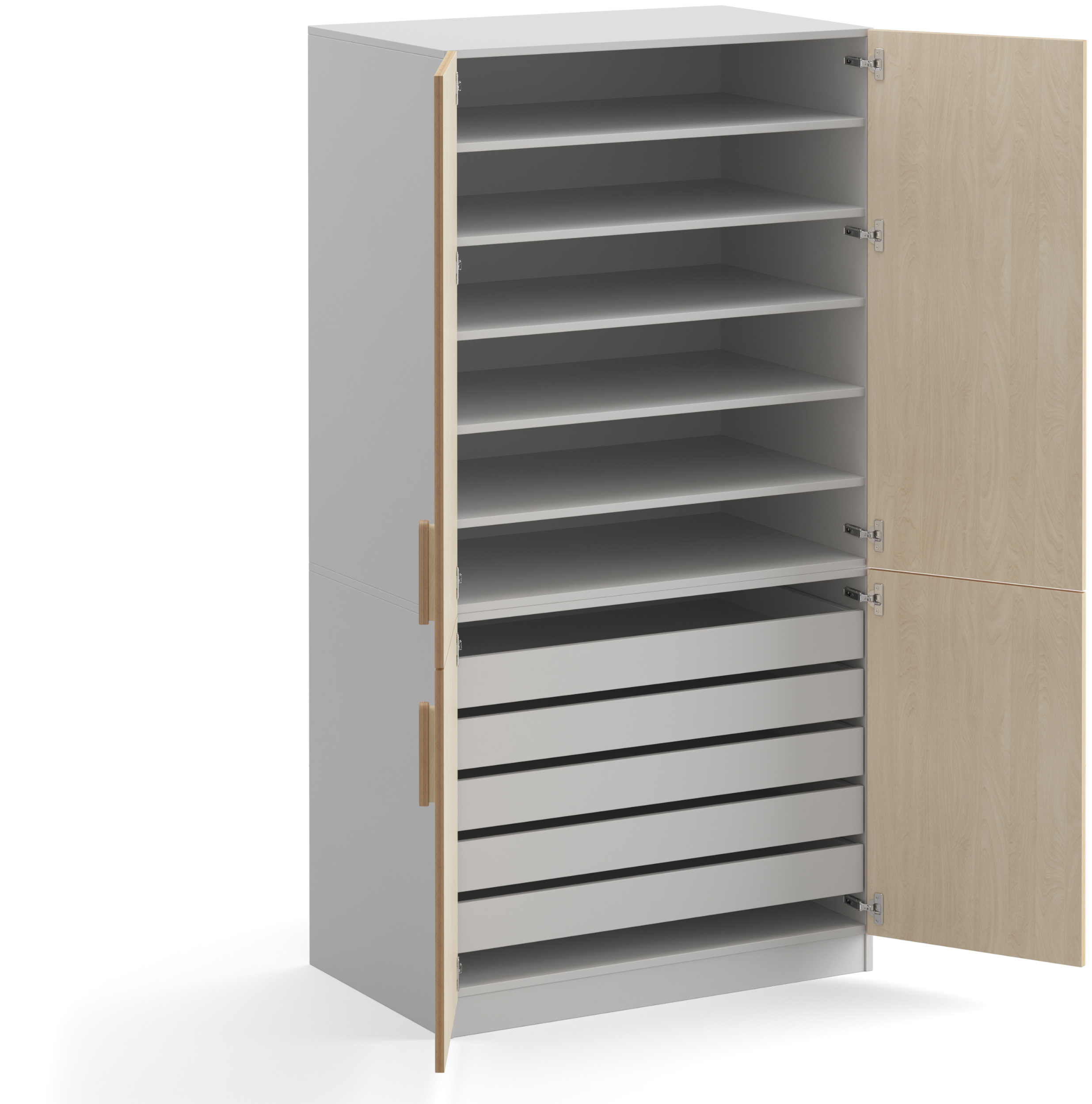 Zweiteiliger, hoher Holzschrank aus hellem Holz mit geöffneten, weißen Türen und fünf Schubladen und sechs offenen Fächern innen