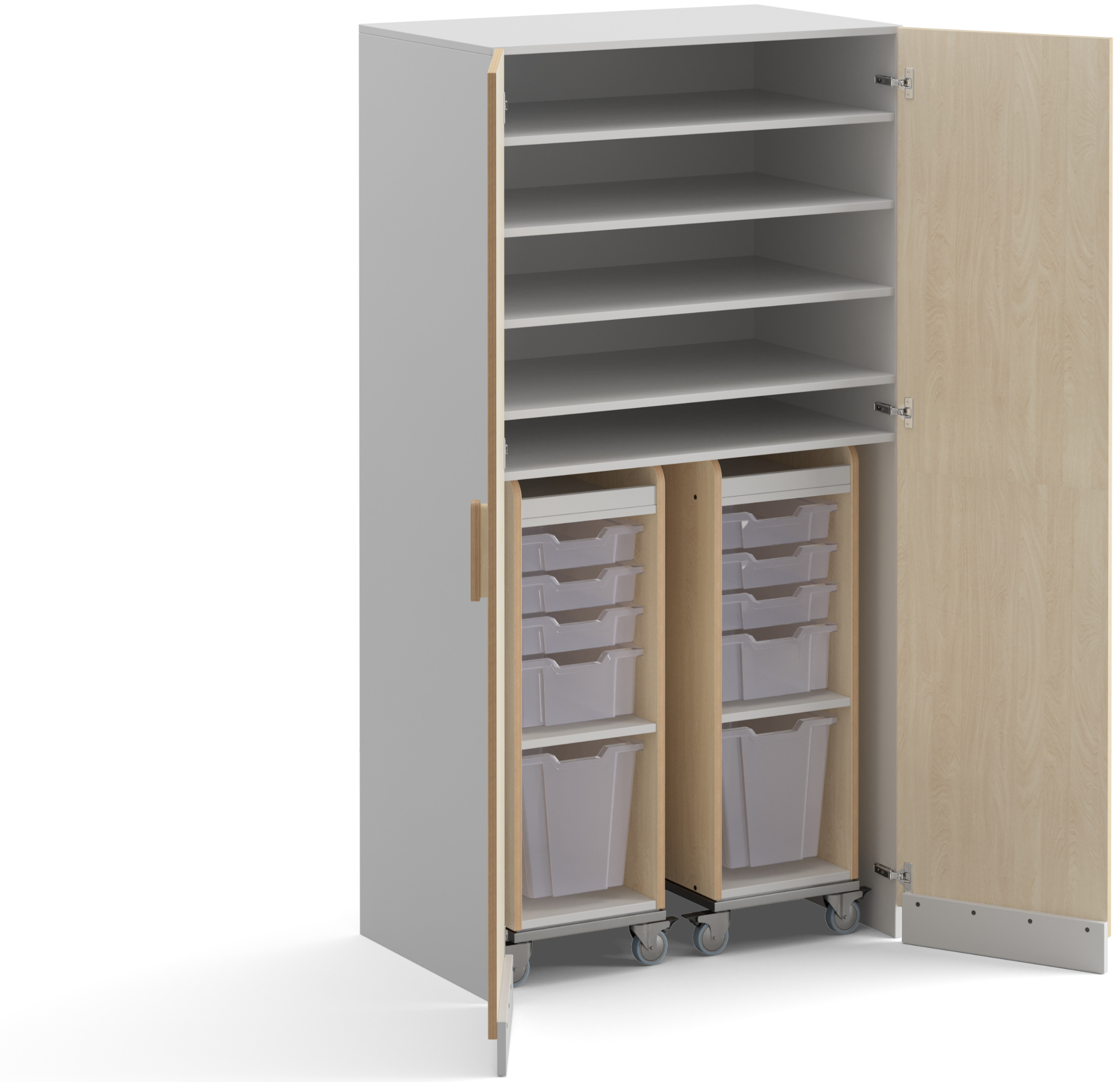 Hoher Schrank aus weißem Holz mit geöffneten Türen, innen stehen zwei halbhohe Rollcontainer mit je 5 Materialboxen, darüber fünf offene Fächer