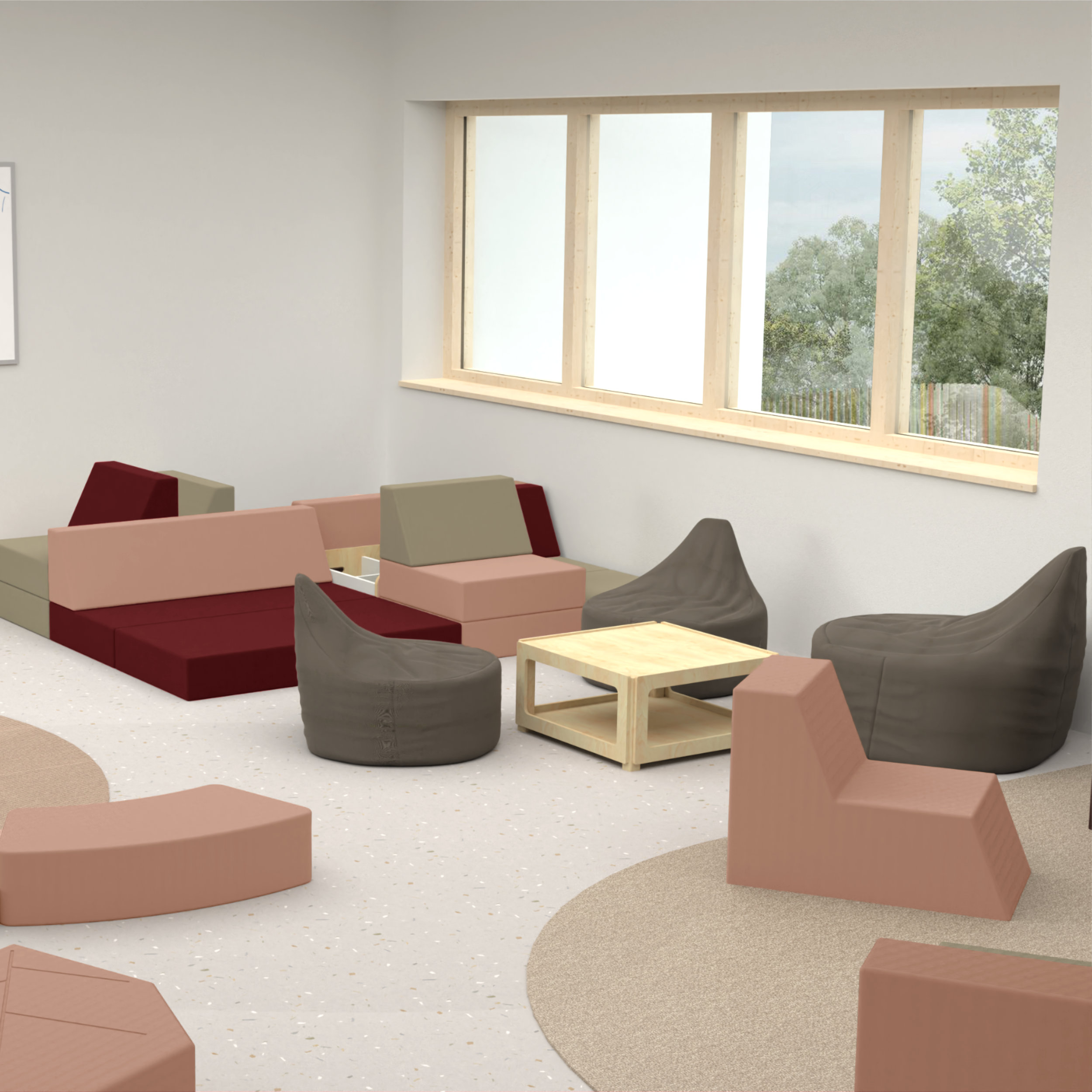 Eine Lounge für Schüler mit Polsterlandschaften zum gemützlichen Sitzen und Chillen.