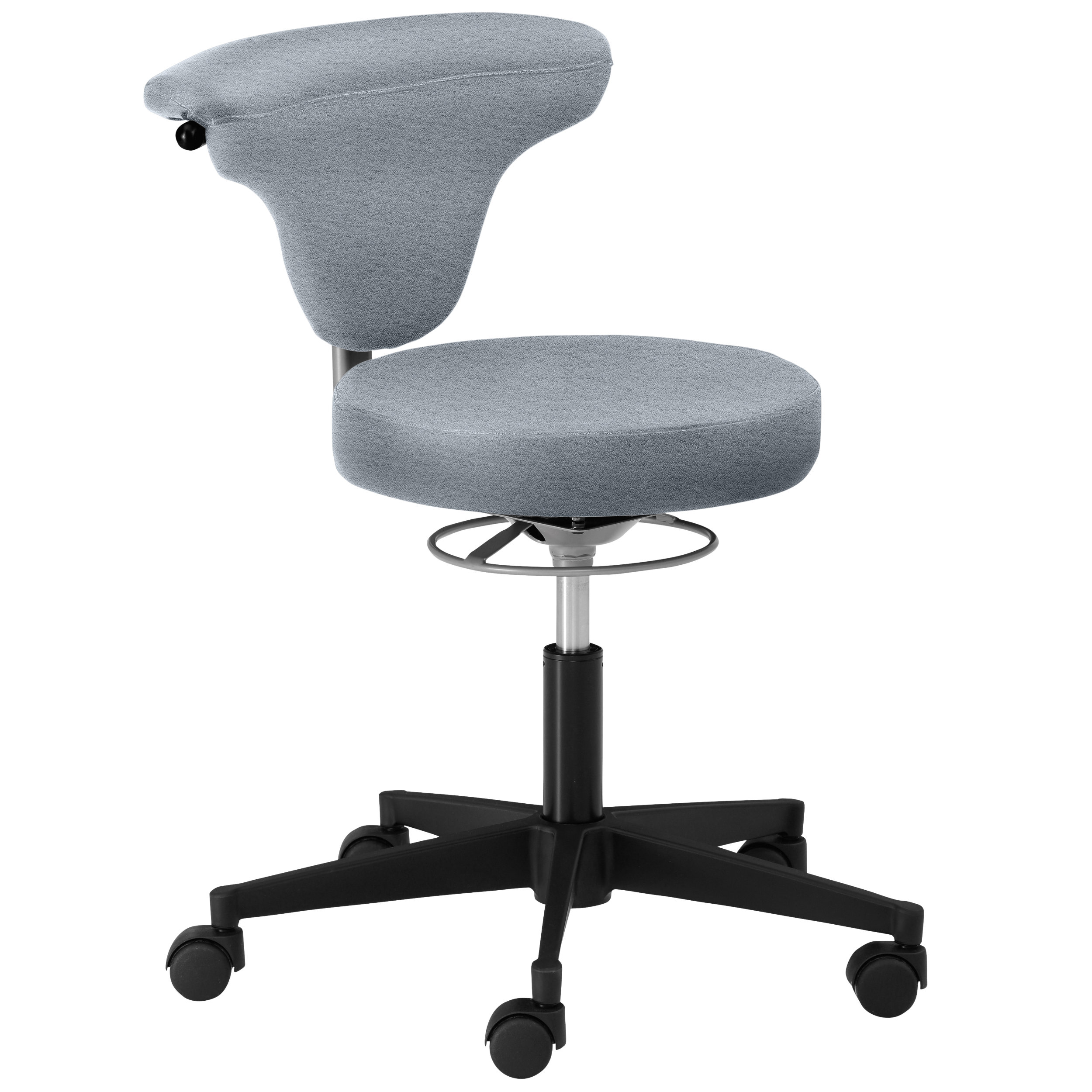 Höhenverstellbarer Drehstuhl mit fünf Füßen auf Rollen mit schwarz-silbernem Drehkreuz, und mit blauem, runden Sitzpolster und blauer, dreieckiger Rückenlehne