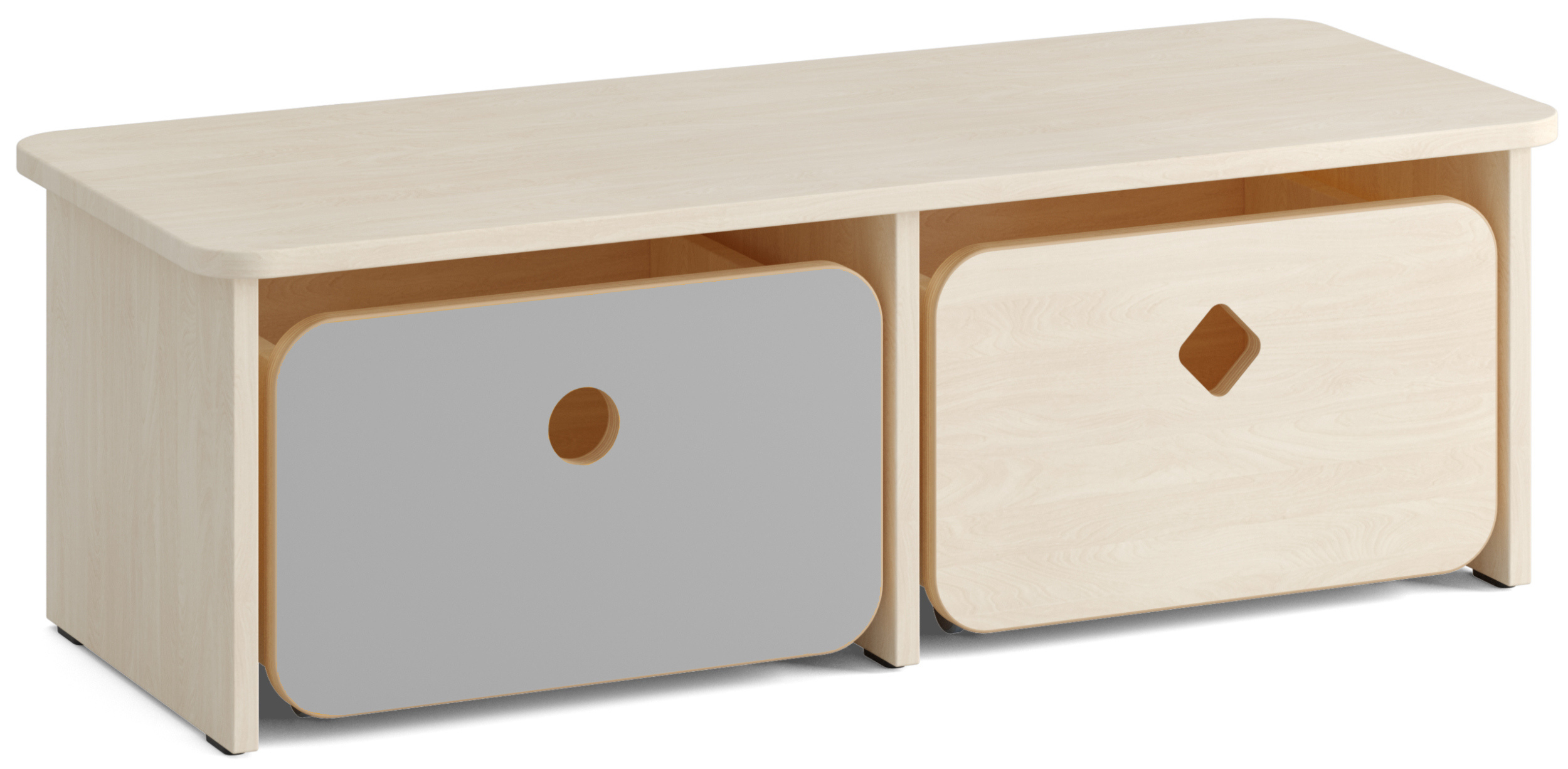 Niedriges Holzregal mit zwei Fächern und zwei herausfahrbaren Spielzeugboxen (Fronten Birke und Gelb)