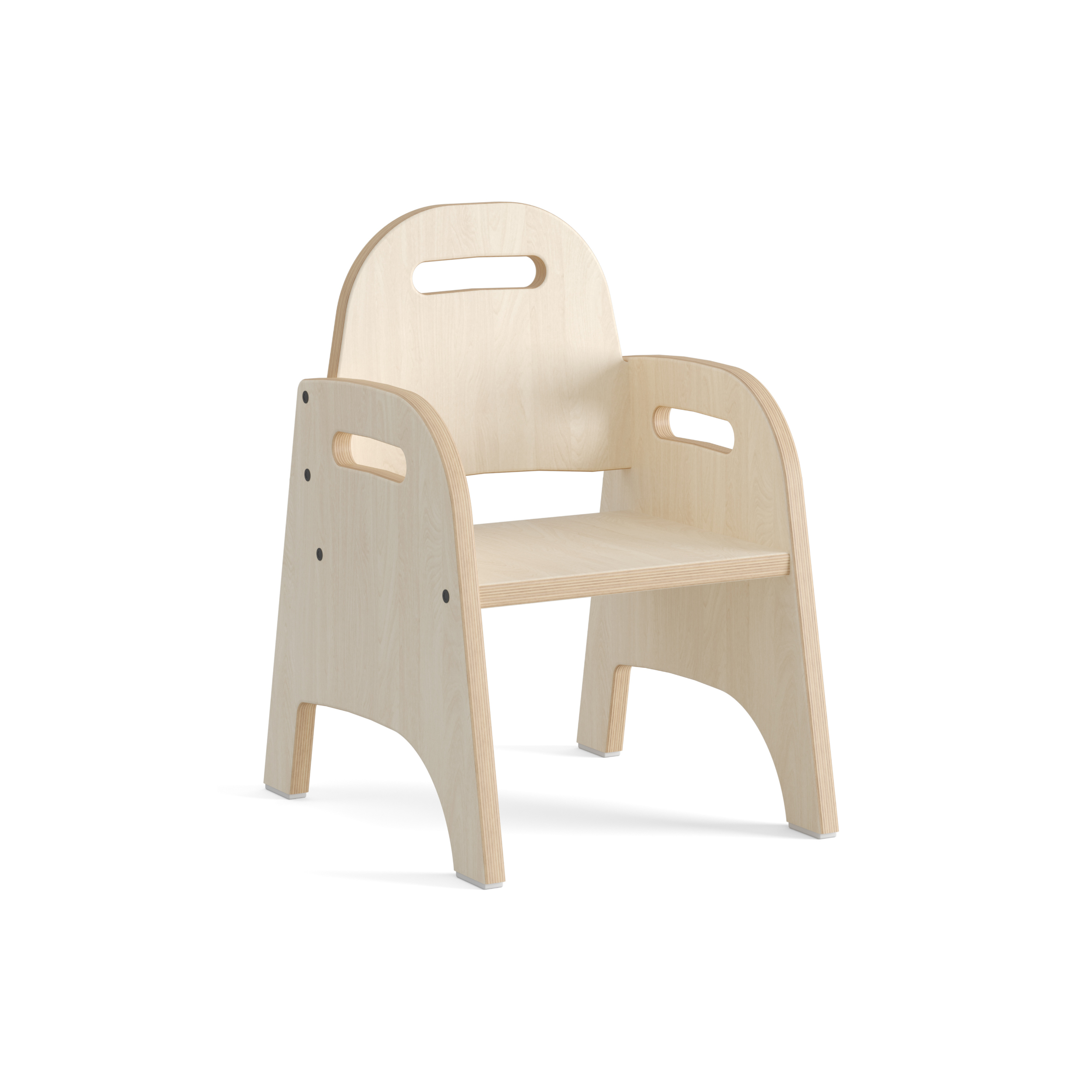 Kinderstuhl aus hellem Holz mit Grifflöchern in der Lehne und den hochgezogenen Seitenteilen