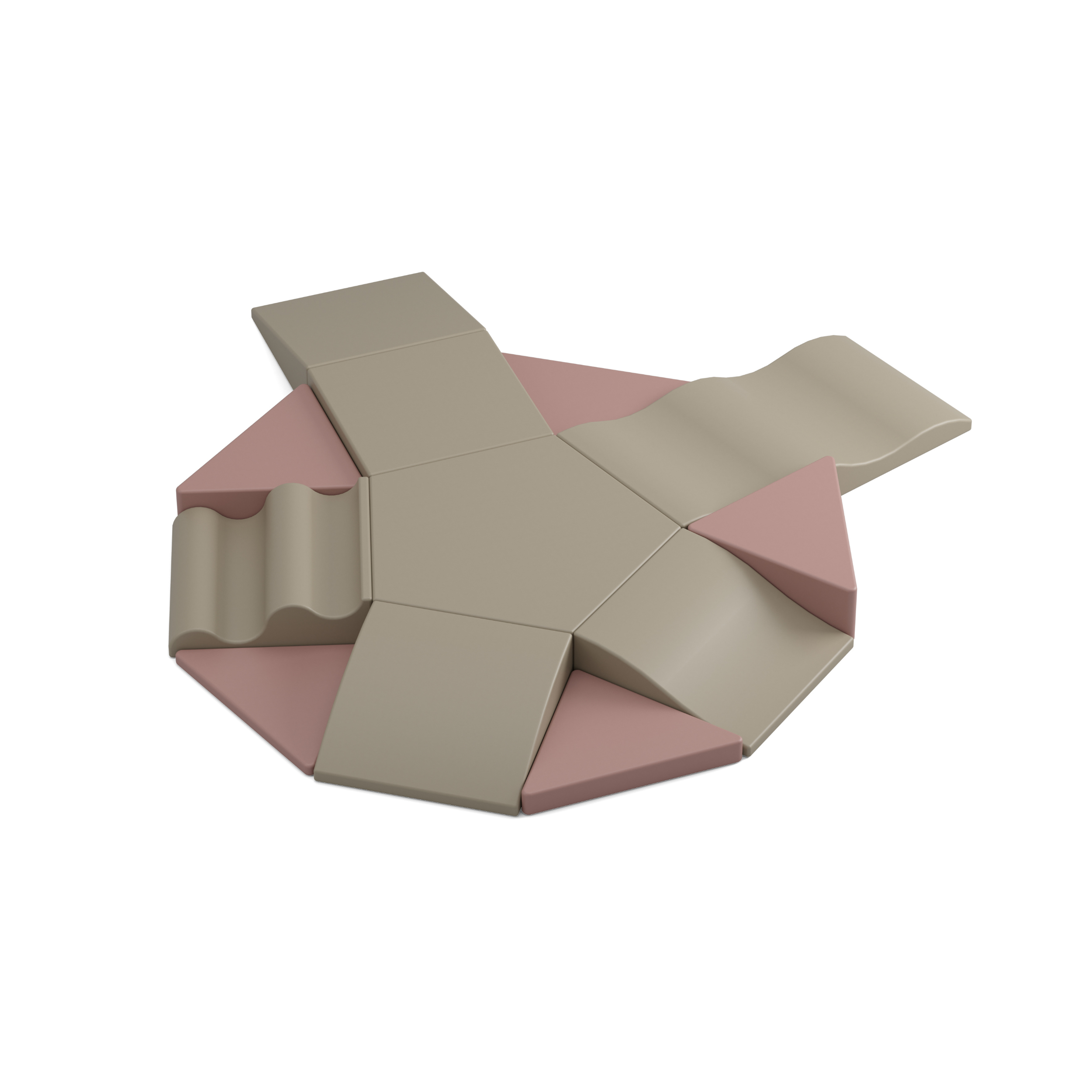 Runde Spielinsel für Kita-Kinder aus vielen verschiedenen bunten Einzelpolstern in Grün, Grau und Orange