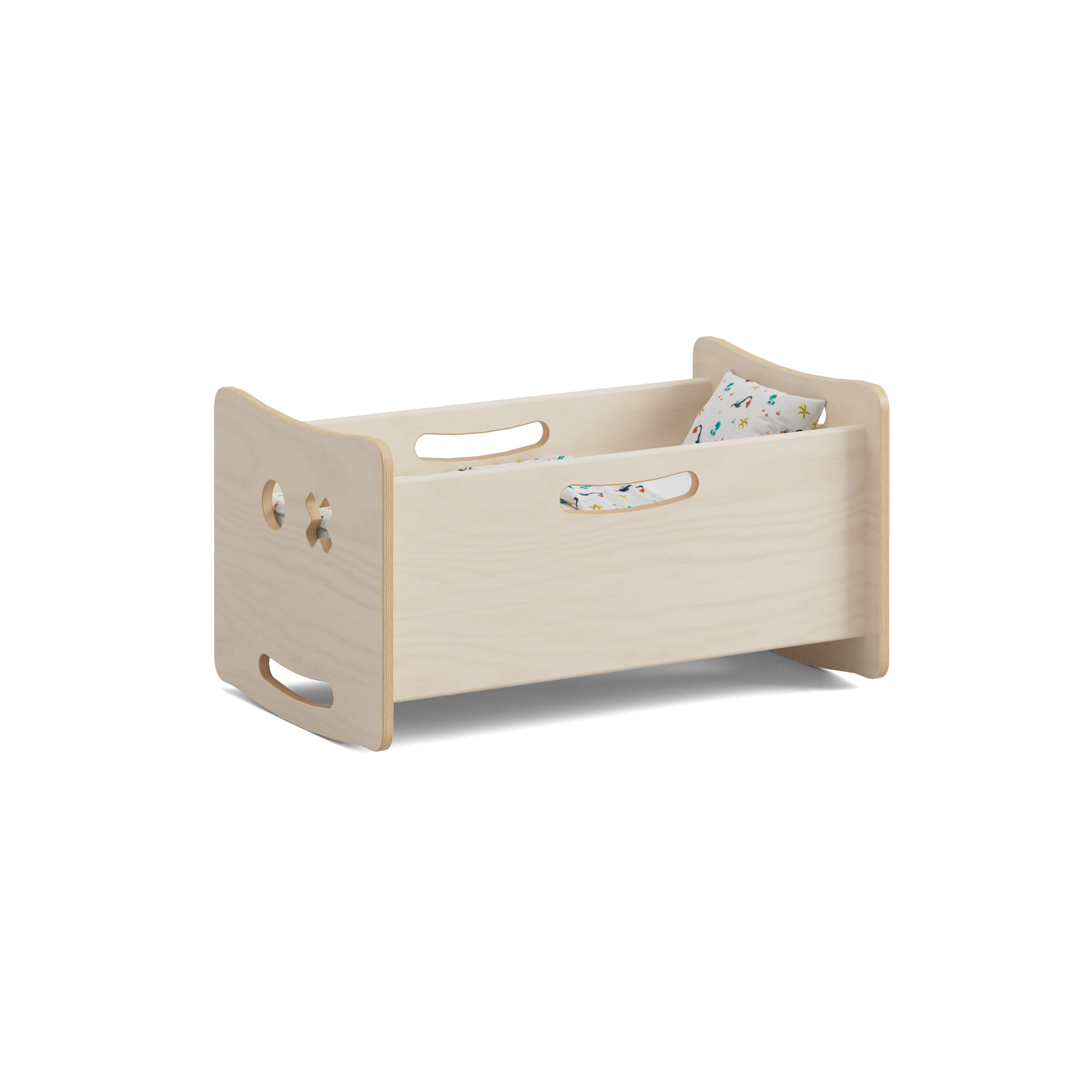 Puppenbett aus hellem Holz mit seitlichen Aussparungen und je zwei Grifflöchern am Kopf- und Fußteil