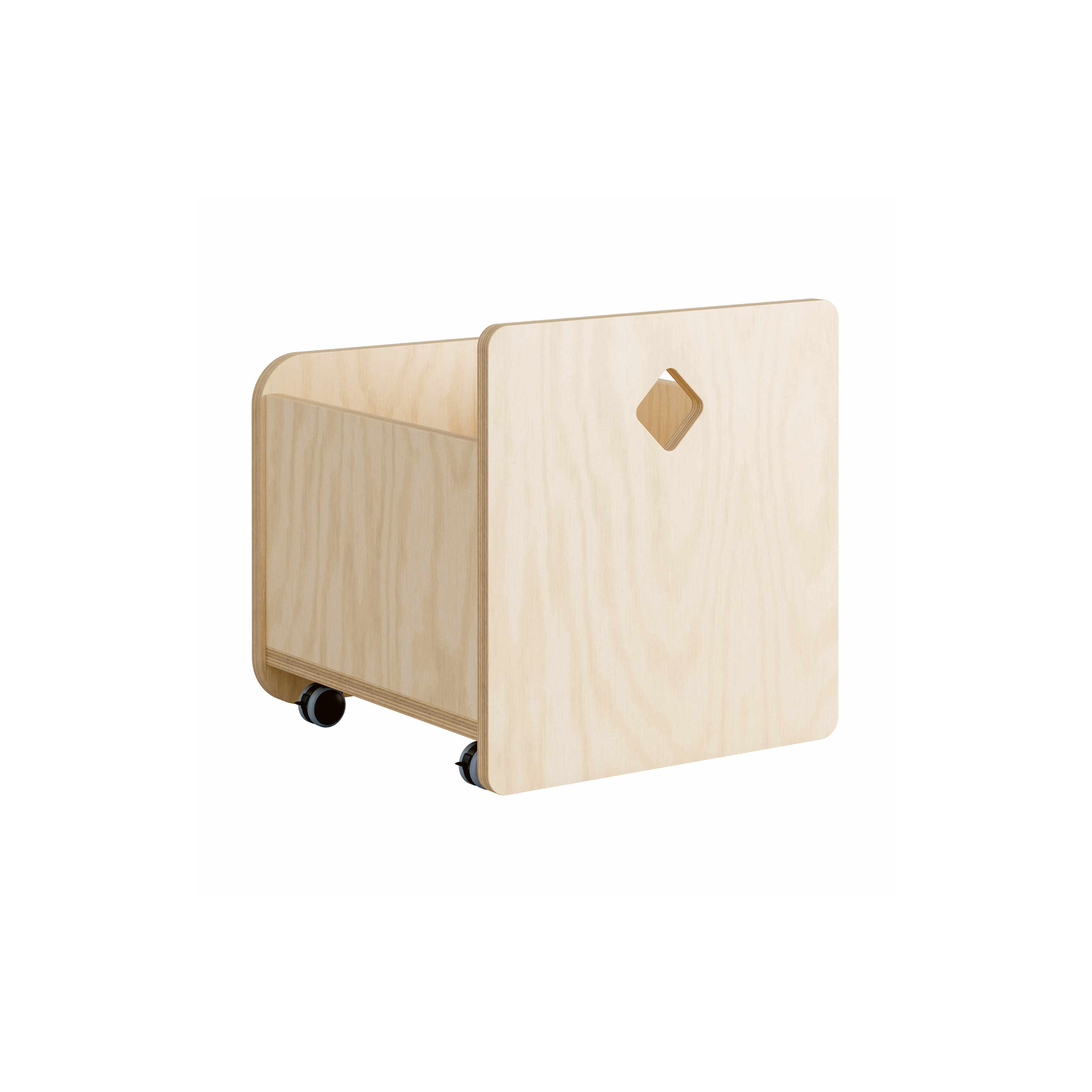 Quadratische, mittelgroße Spielzeugbox aus hellem Holz auf vier Rollen mit rautenförmigem Griffloch