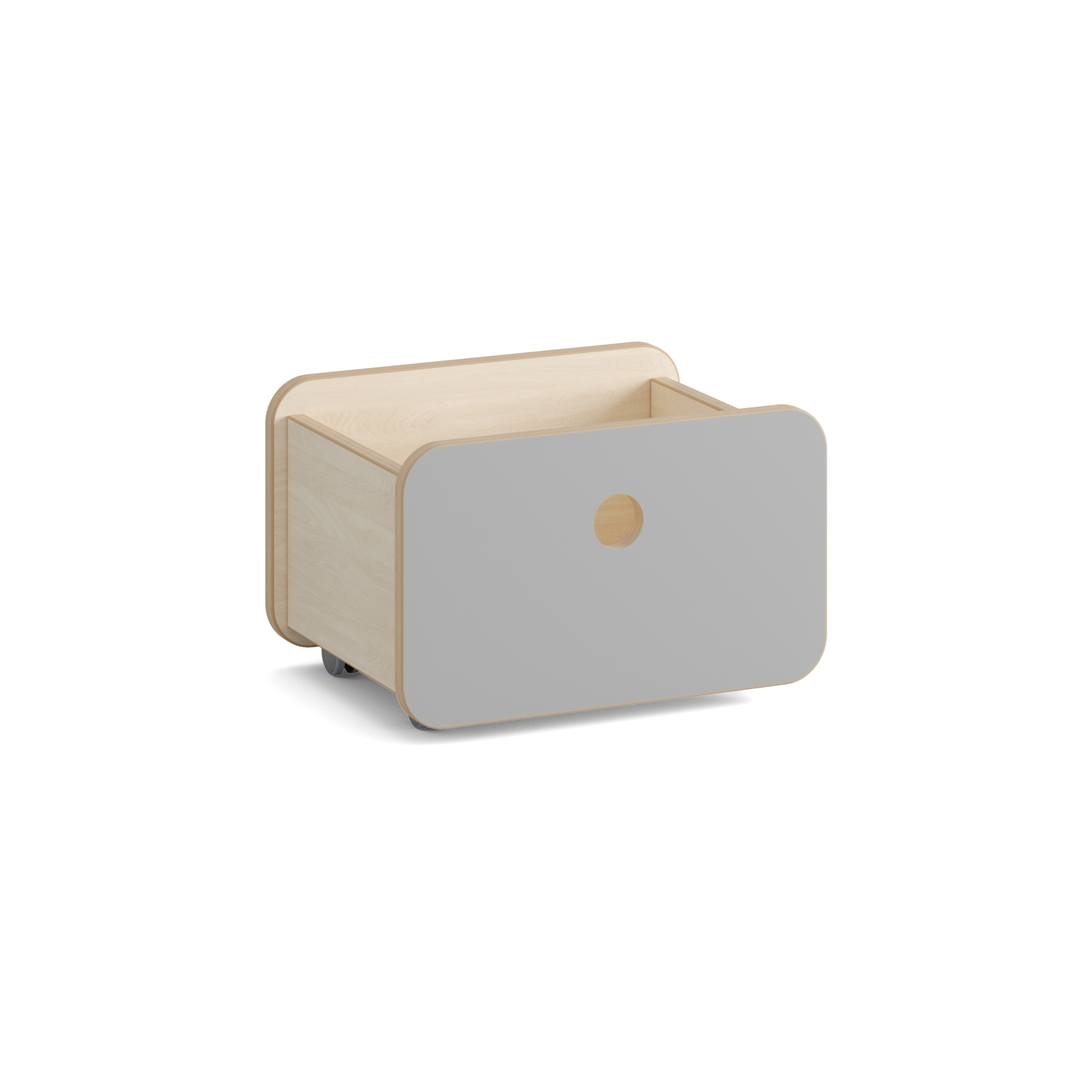 Kleine Spielzeugbox auf Rollen mit rundem Griffloch (Front Gelb)