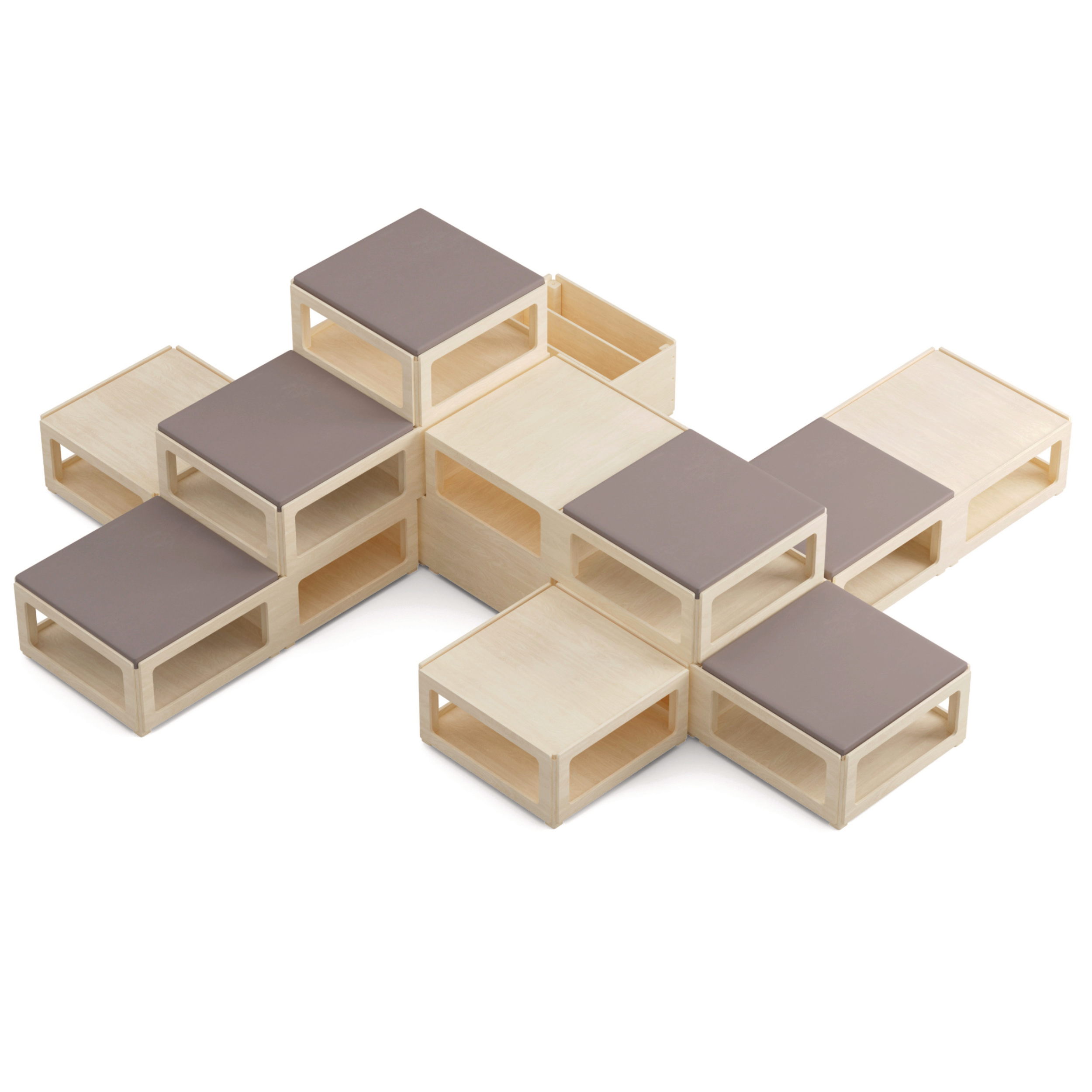 Podestset aus zehn Holzpodestmodulen, gestapelt als Sitztreppe aus hellem Holz