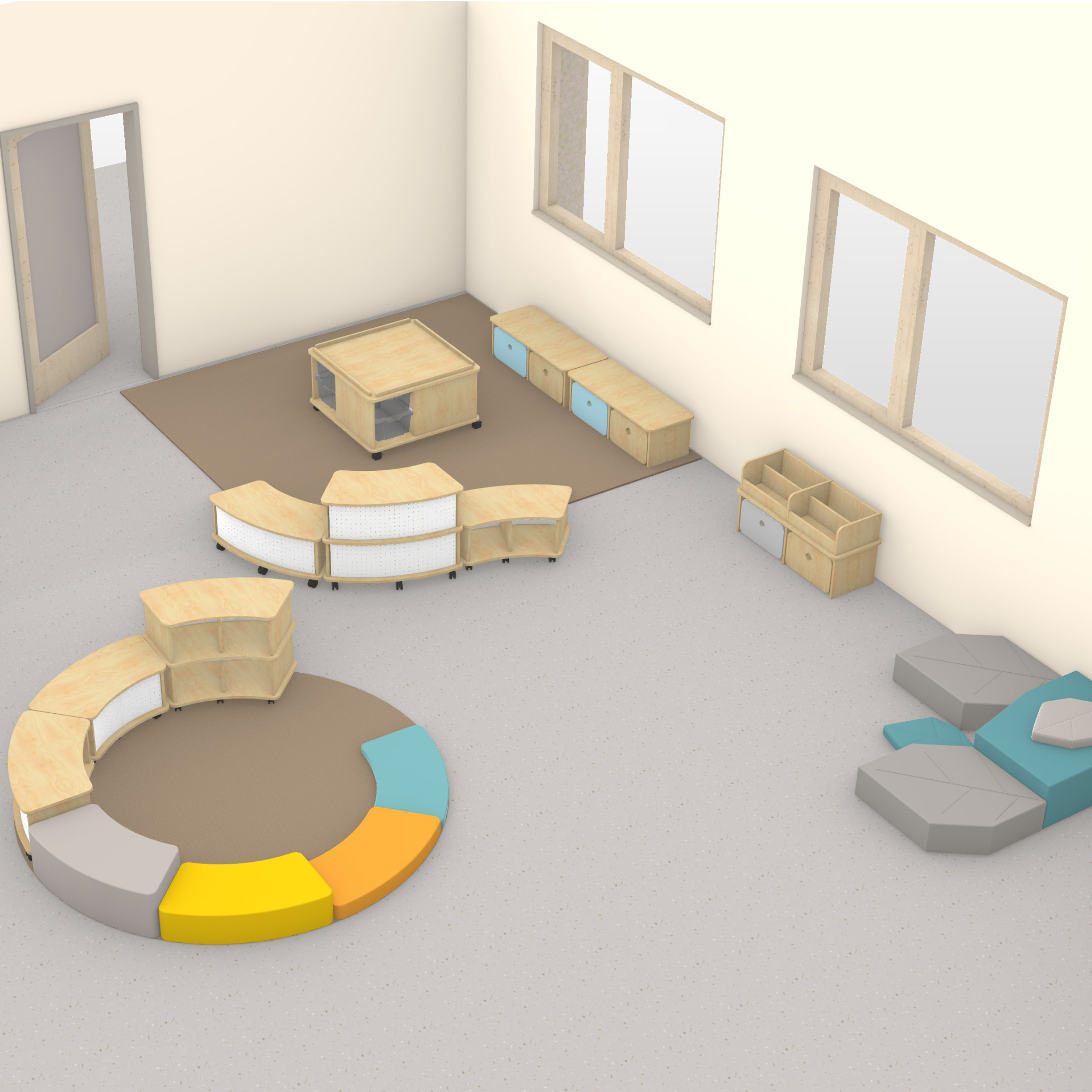 Ein Gruppenraum eines Kindergartens in der Farbwelt Gelb und Petrol. Geschwungene Regale und ein Polsterset sowie ein Sofa und eine Sitzgruppe vor einer Küchenzeile sind zu sehen.