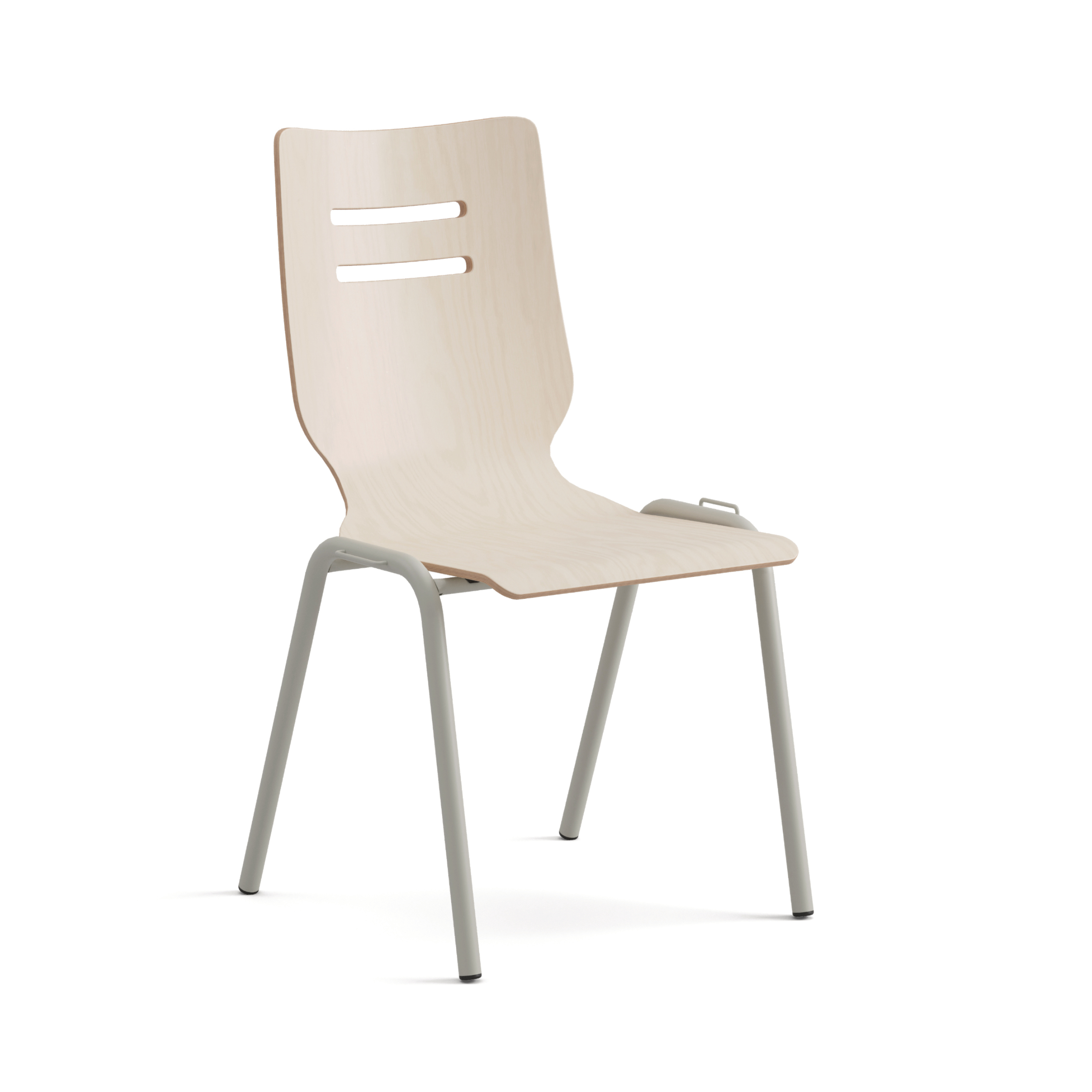 Stapelstuhl mit vier weißen Stuhlbeinen und Sitzschale in hellem Holz (Birke) mit dunkelgrauem Sitzpolster