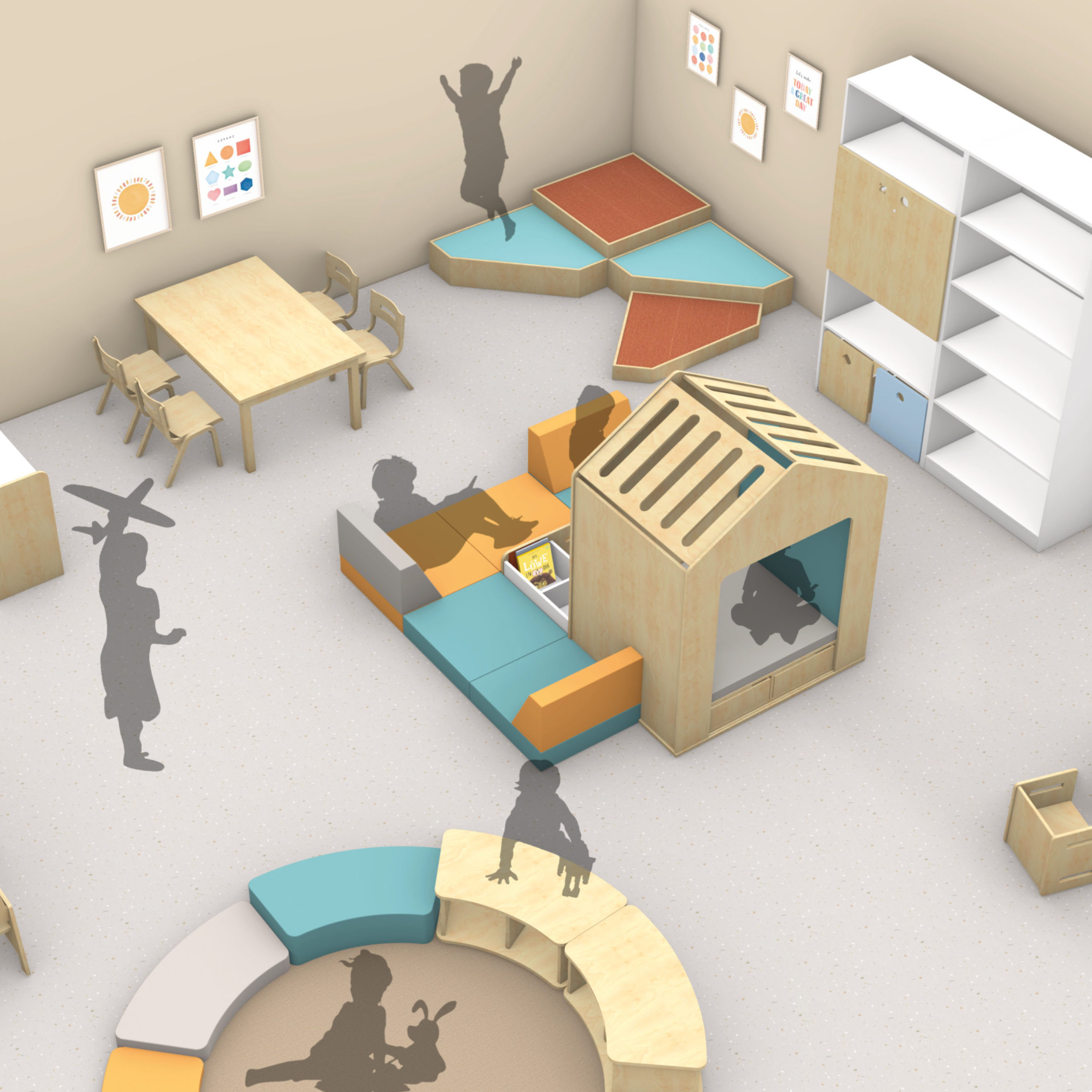 Ein Morgenkreis in einer Kita mit Bogenregalen, Bogenpolstern und Kindern. 