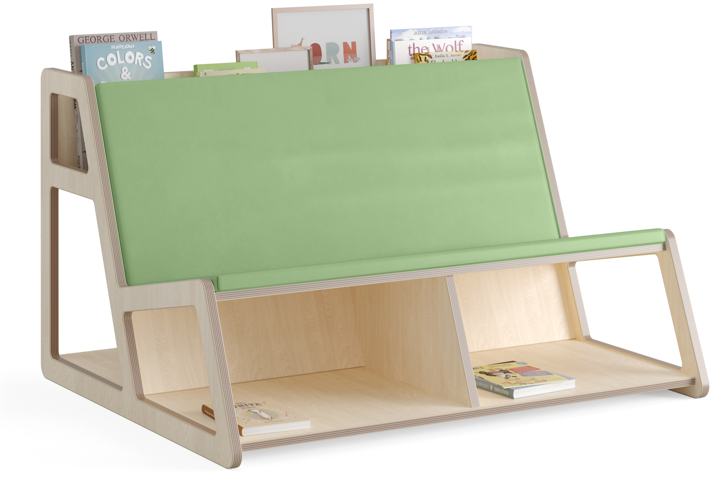 Lesebank aus hellem Holz mit blauem Sitz- und Rückenpolster und mit mehreren Fächern oben und unten zur Aufbewahrung von Bilderbüchern