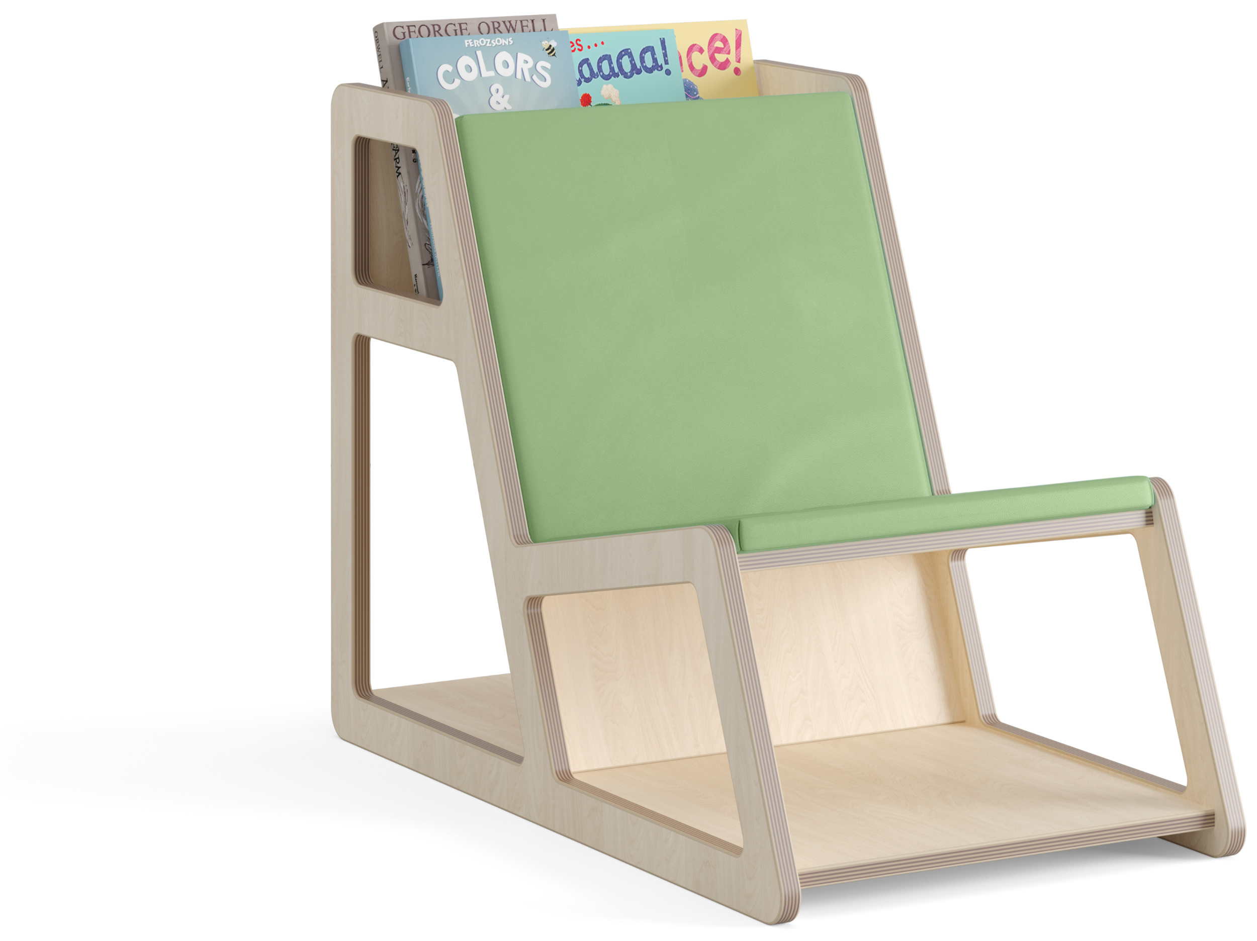 Lesestuhl aus hellem Holz mit blauem Sitz- und Rückenpolster und mit mehreren Fächern oben und unten zur Aufbewahrung von Bilderbüchern