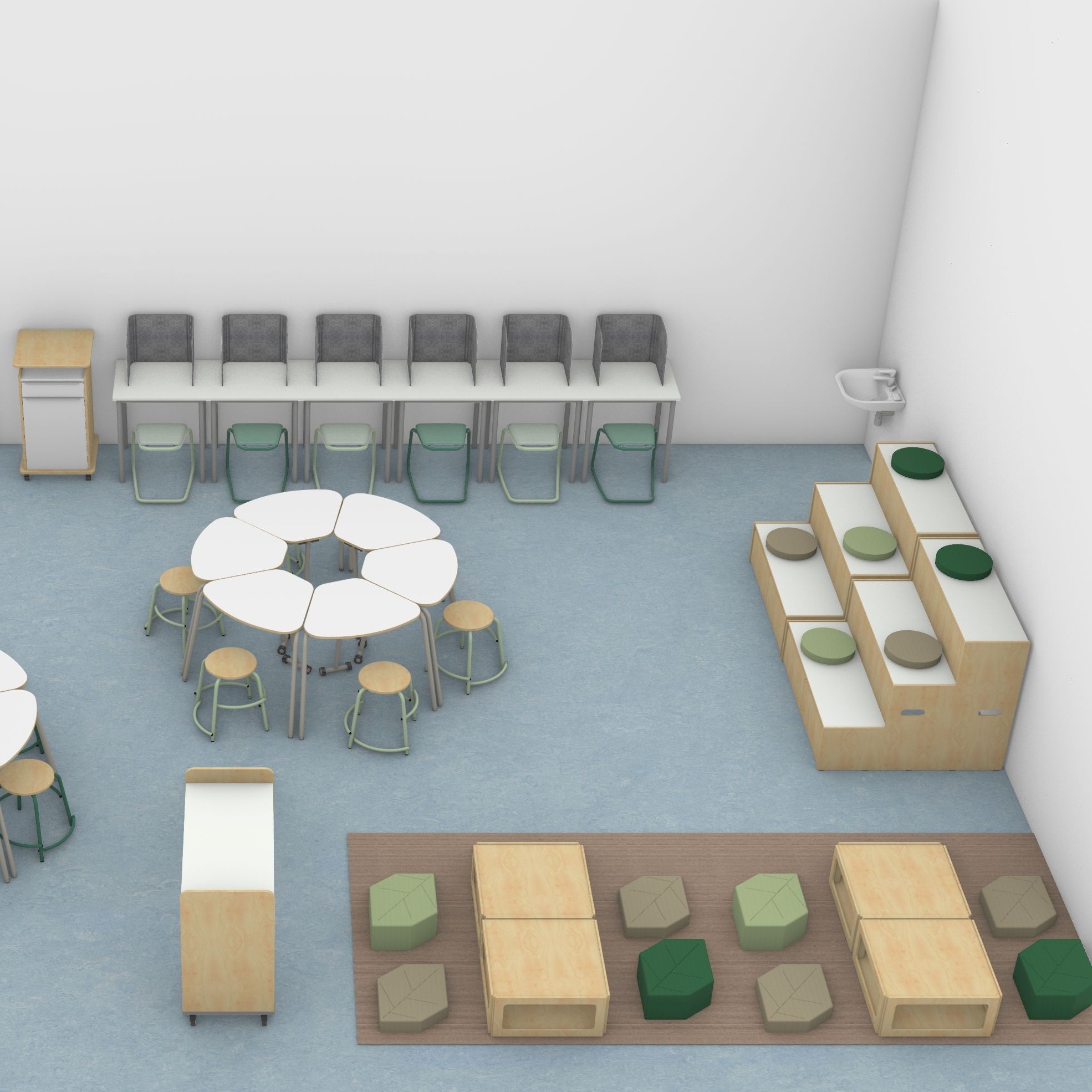 Ein Klassenraum für 25 Kinder mit verschiedenen Lernsettings. Es gibt Einzelsitzplätze, einen Gruppenarbeitsbereich, eine Sitztreppe und niedrige Podeste und Polster für das Arbeiten am Boden. Eine modulare Polsterlandschaft kann zu einer Sitzlounge umgebaut werden.