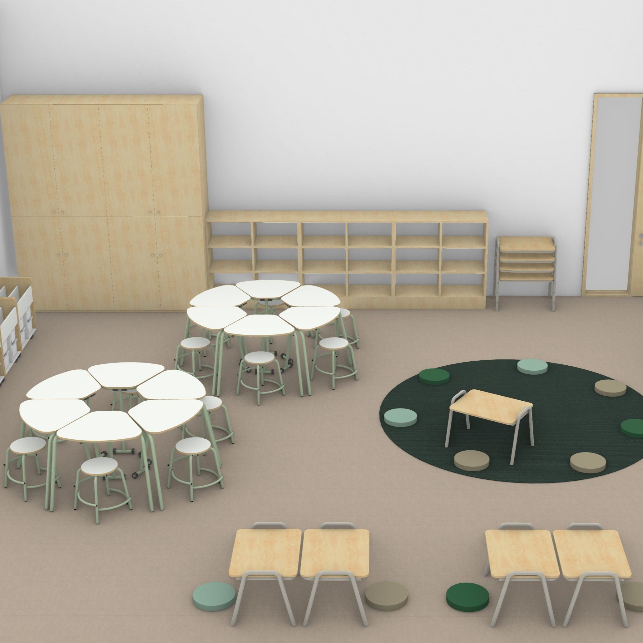 Ein Klassenraum einer Grundschule, in der mittig ein großer Sitzkreis aus Stapelhockern mit Fußraste zu sehen ist. Auf der rechten Seite gibt es eine dreistufige Sitztreppe, eine Tischgruppe und mobile Bücher- und Materialwagen vervollständigen den Raum.