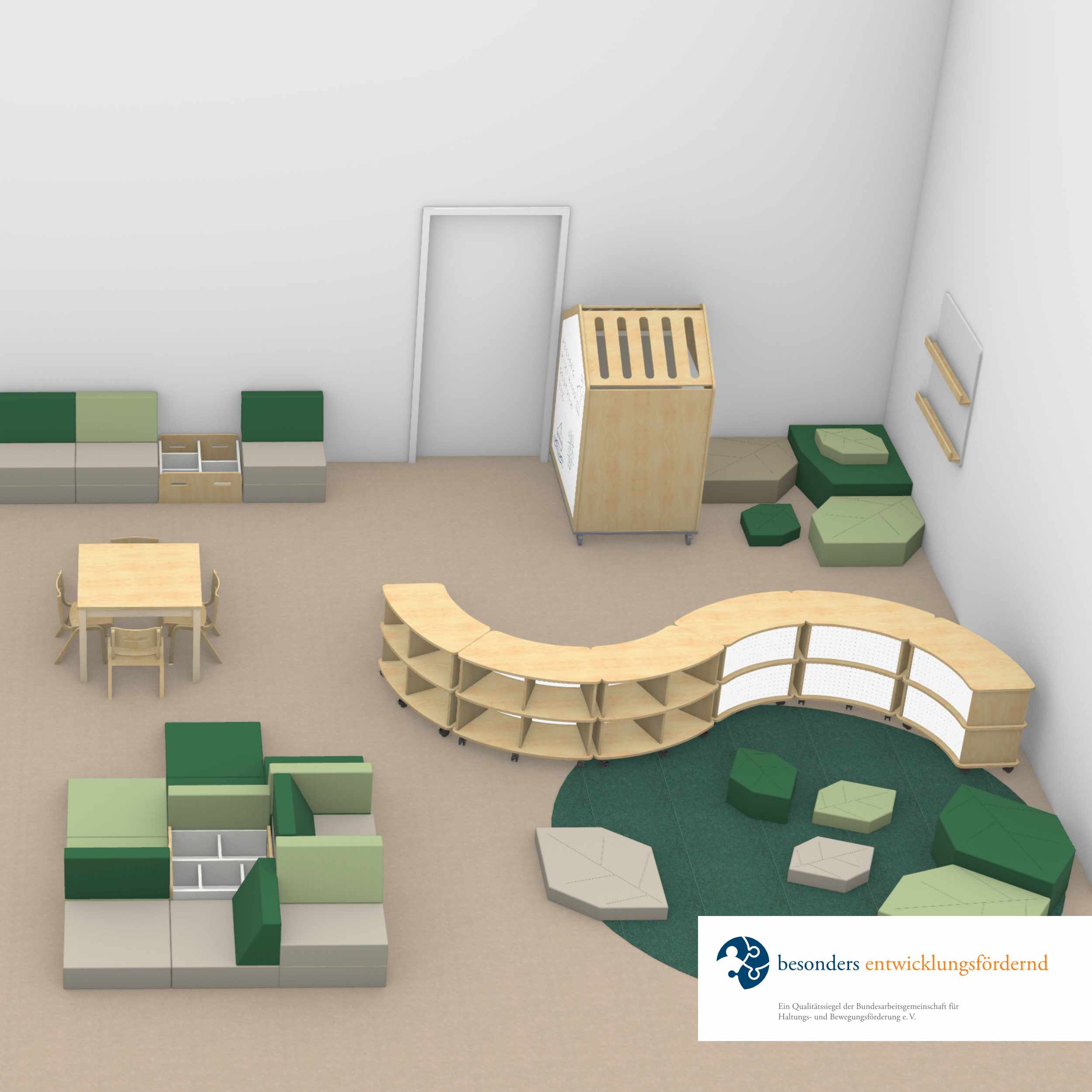 3D-Planungsskizze für einen Kita-Gruppenraum mit verschiedenen Holzmöbeln, Teppichen und Polstern