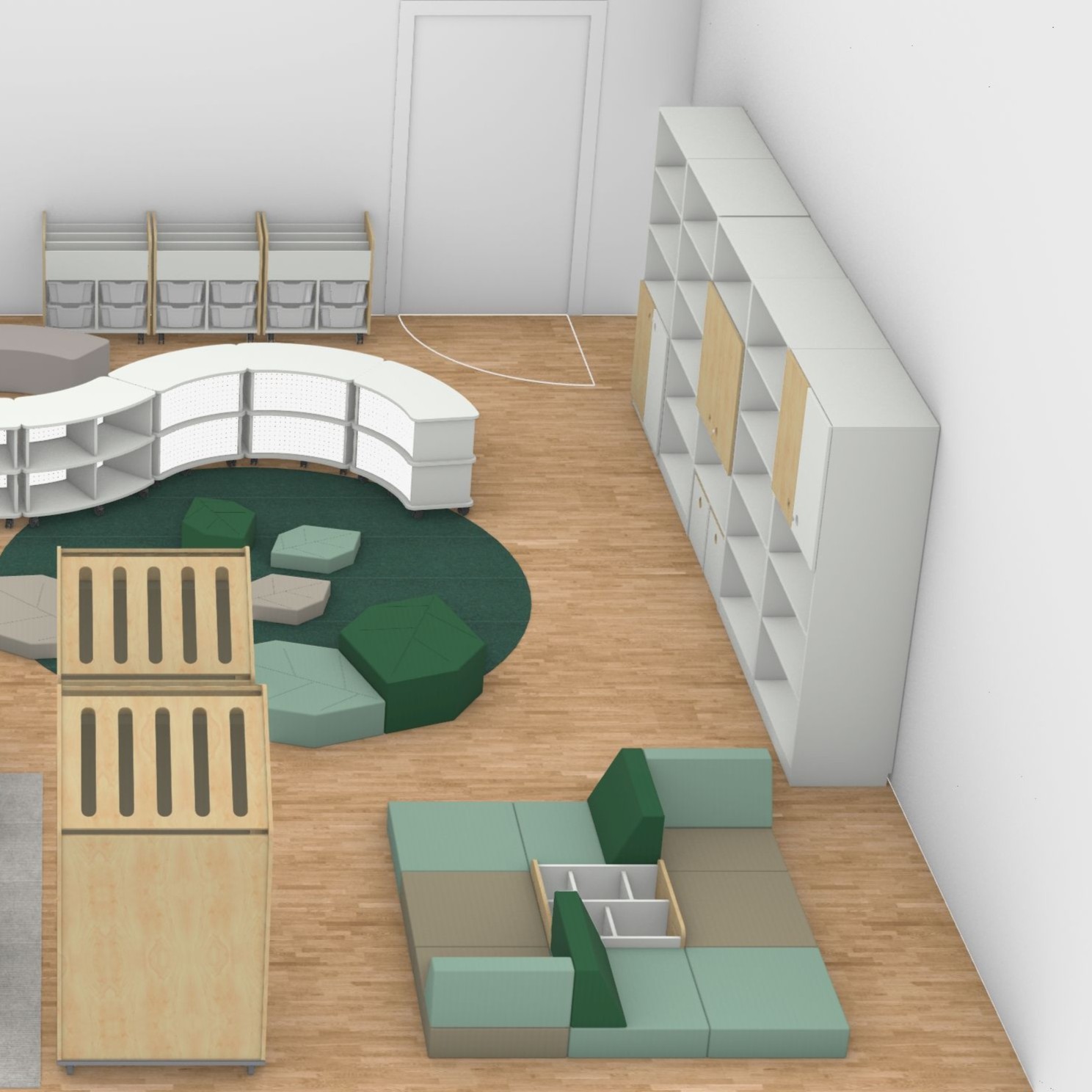In dem Bibliotheksraum einer Grundschule laden verschiedene Bereiche mit Polstern, Rückzugshäusern, Loungemöbel und Sitzsäcken zum Verweilen ein. Halbhohe Bogenregale und Bücherwägen zonieren den Raum, eine Schrankwand bietet zusätzliche Staufläche für Bücher.