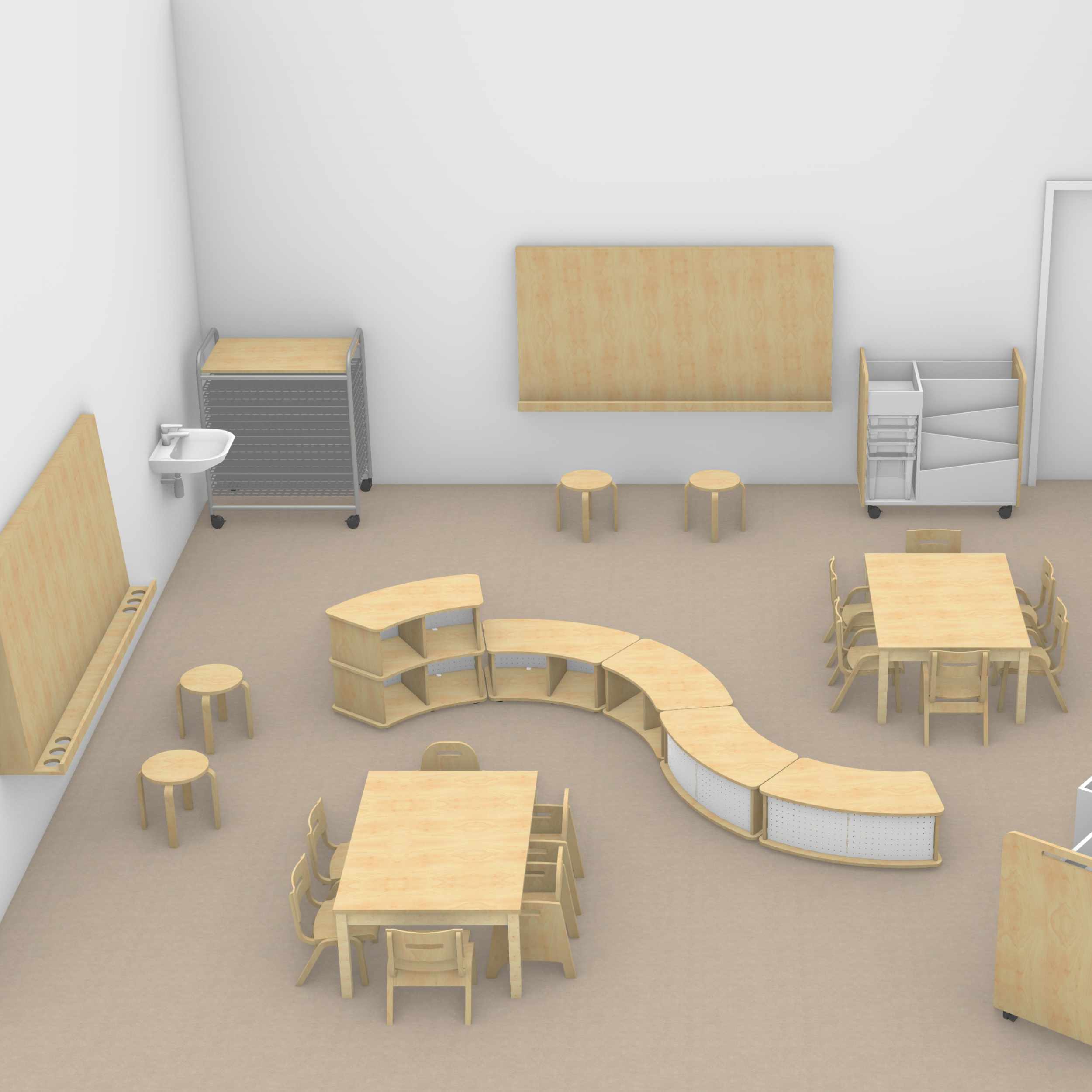 Ein Gruppenraum eines Kindergartens mit Mobiliar zum Basteln, Malen und kreativen Gestalten.