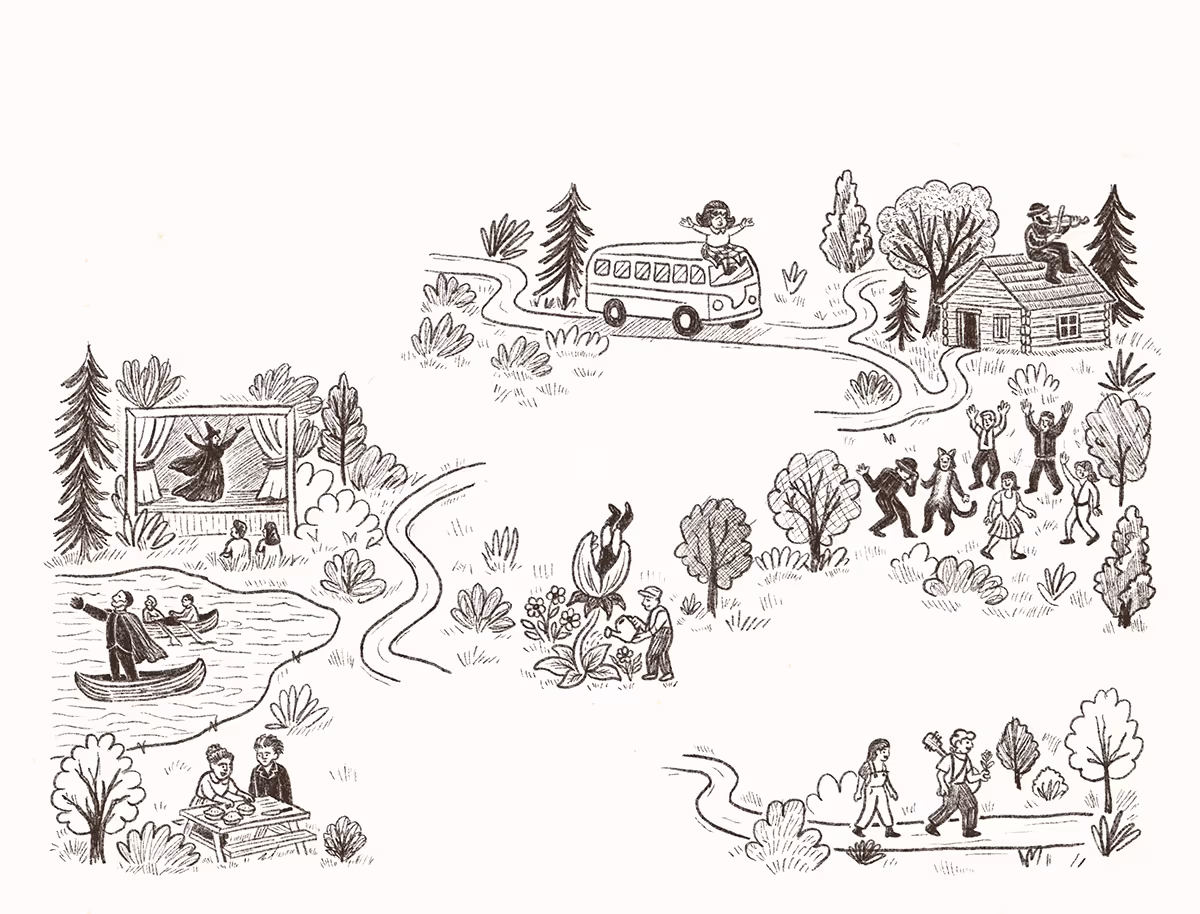 A hand drawn map showing a group of iconic theater characters around a camp grounds.