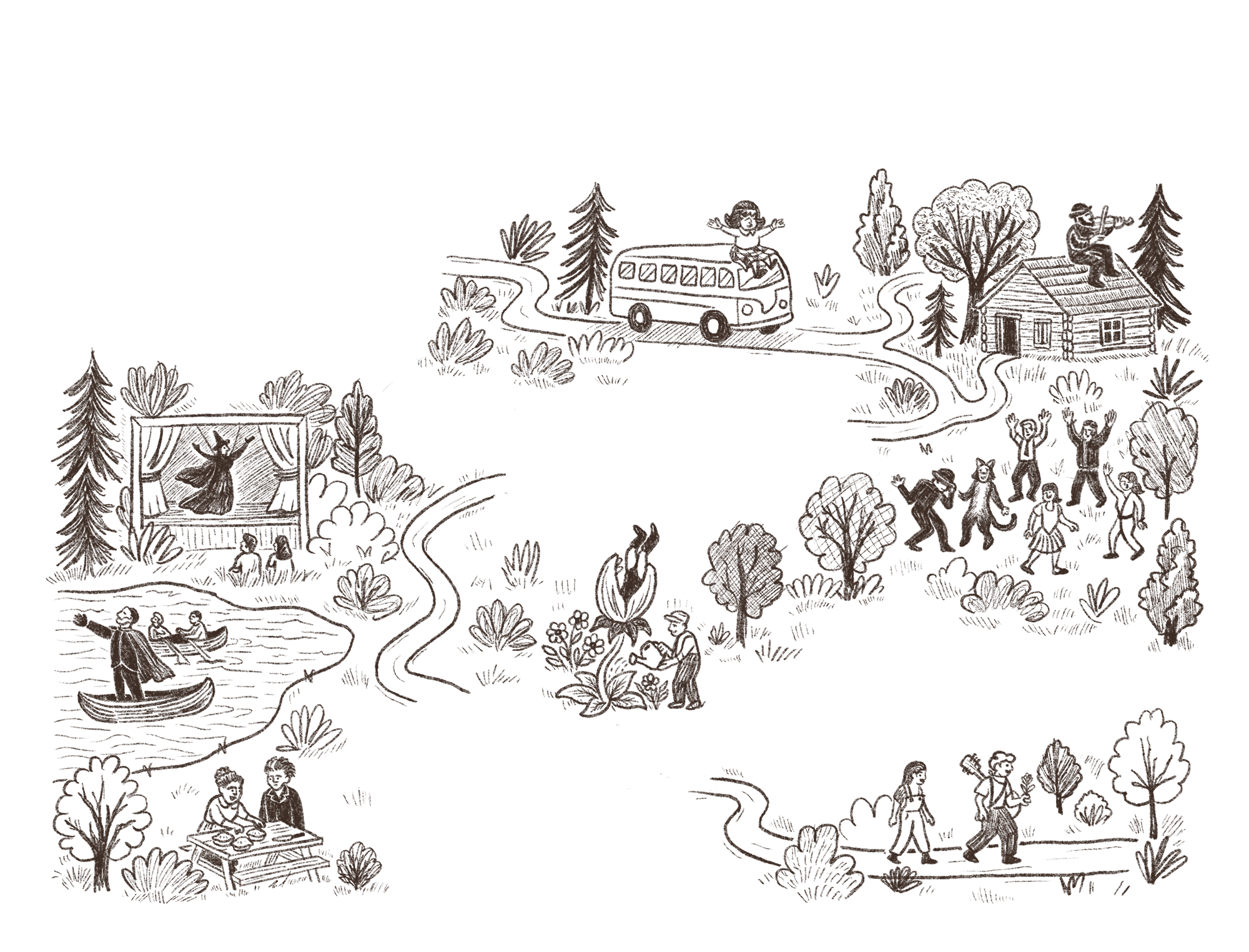 A hand drawn map showing a group of iconic theater characters around a camp grounds.