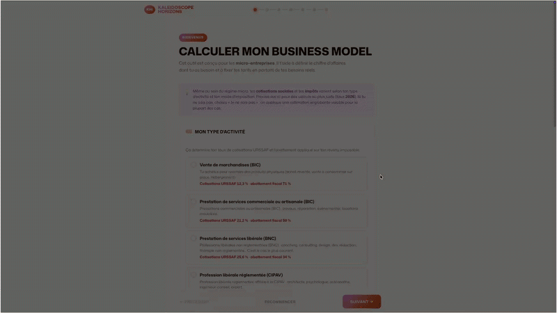 Aperçu animé du calculateur — chiffre d'affaires cible