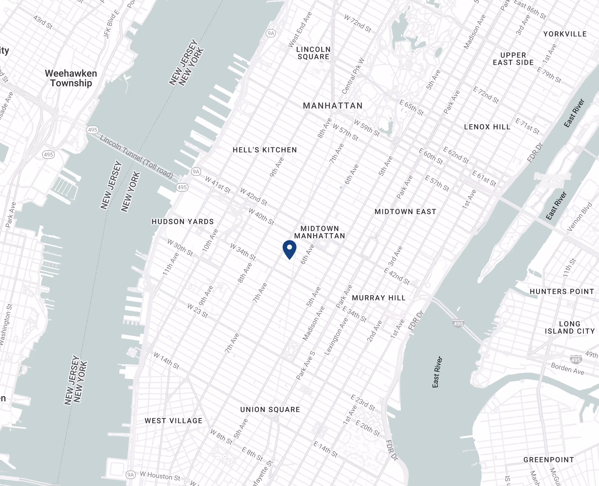 Map of Midtown Manhattan, NYC where Okada & Co. is headquartered