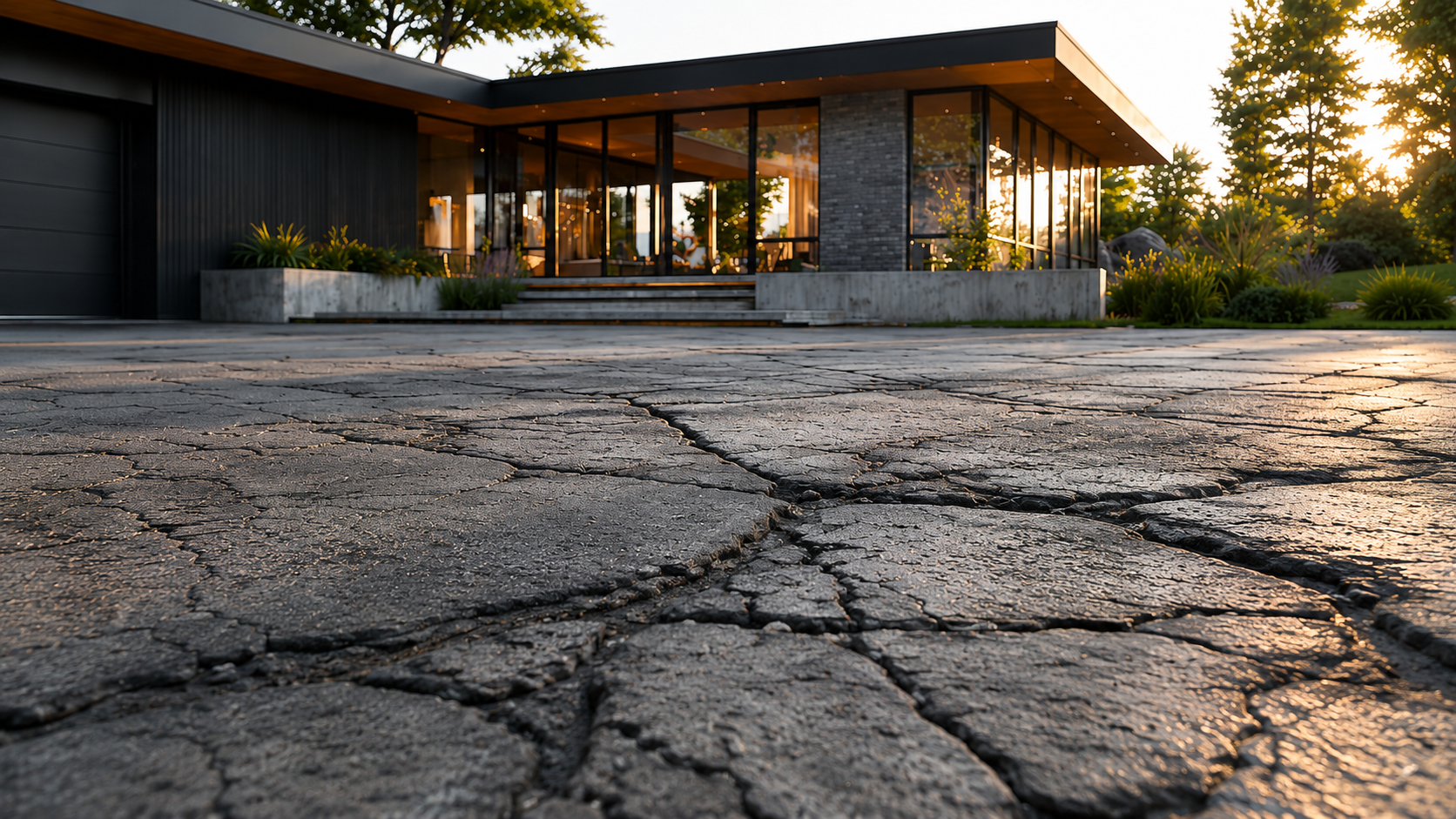 Fissures d'asphalte avant travaux DriveShield