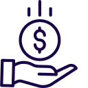 Icon of a hand with a dollar coin above it and three lines indicating motion or emphasis, symbolizing saving money or financial support.