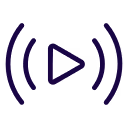 Black play button icon centered with curved broadcast signal lines on both sides against white background.