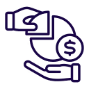 Icon showing one hand giving money with a dollar sign to another hand, symbolizing a down payment or financial transaction.