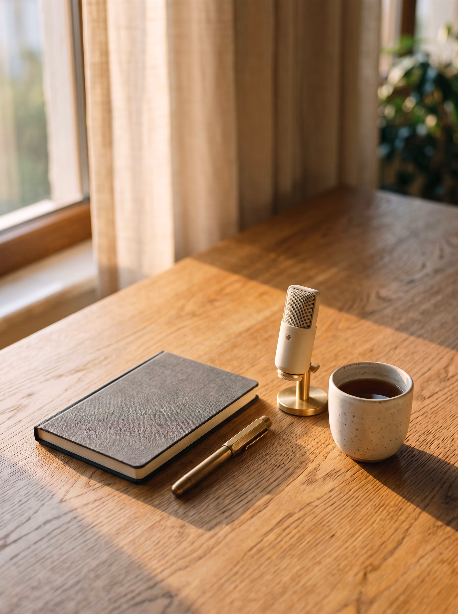 A closed gray notebook, a gold pen, a small gold microphone on a stand, and a ceramic cup of tea on a wooden table with sunlight coming through a window.