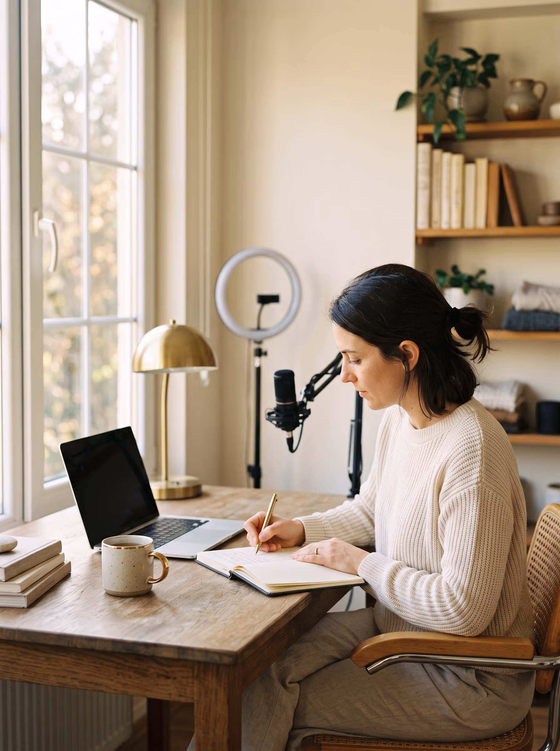 Woman with dark hair in a cream sweater sitting at a wooden desk by a window, writing in a notebook beside an open laptop, a coffee mug, and a gold desk lamp, with a microphone and ring light in the background and shelves with books and plants on the wall.