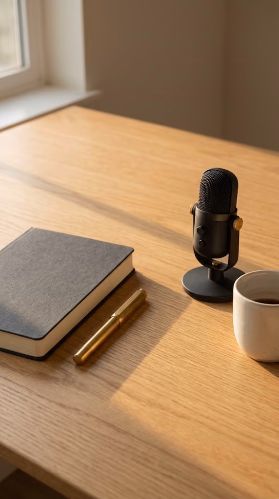 Notebook, gold pen, microphone and coffee on a sunlit wooden desk