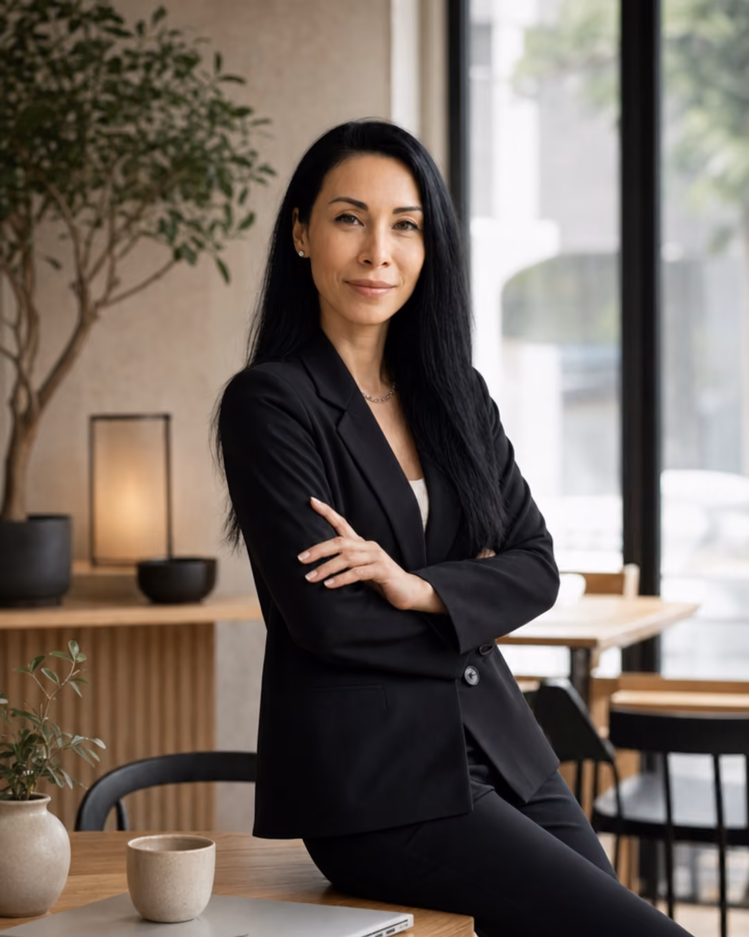 Confident woman with long black hair wearing a black blazer and pants, standing with arms crossed in a modern office space with plants, a laptop, and a coffee cup on a wooden table.